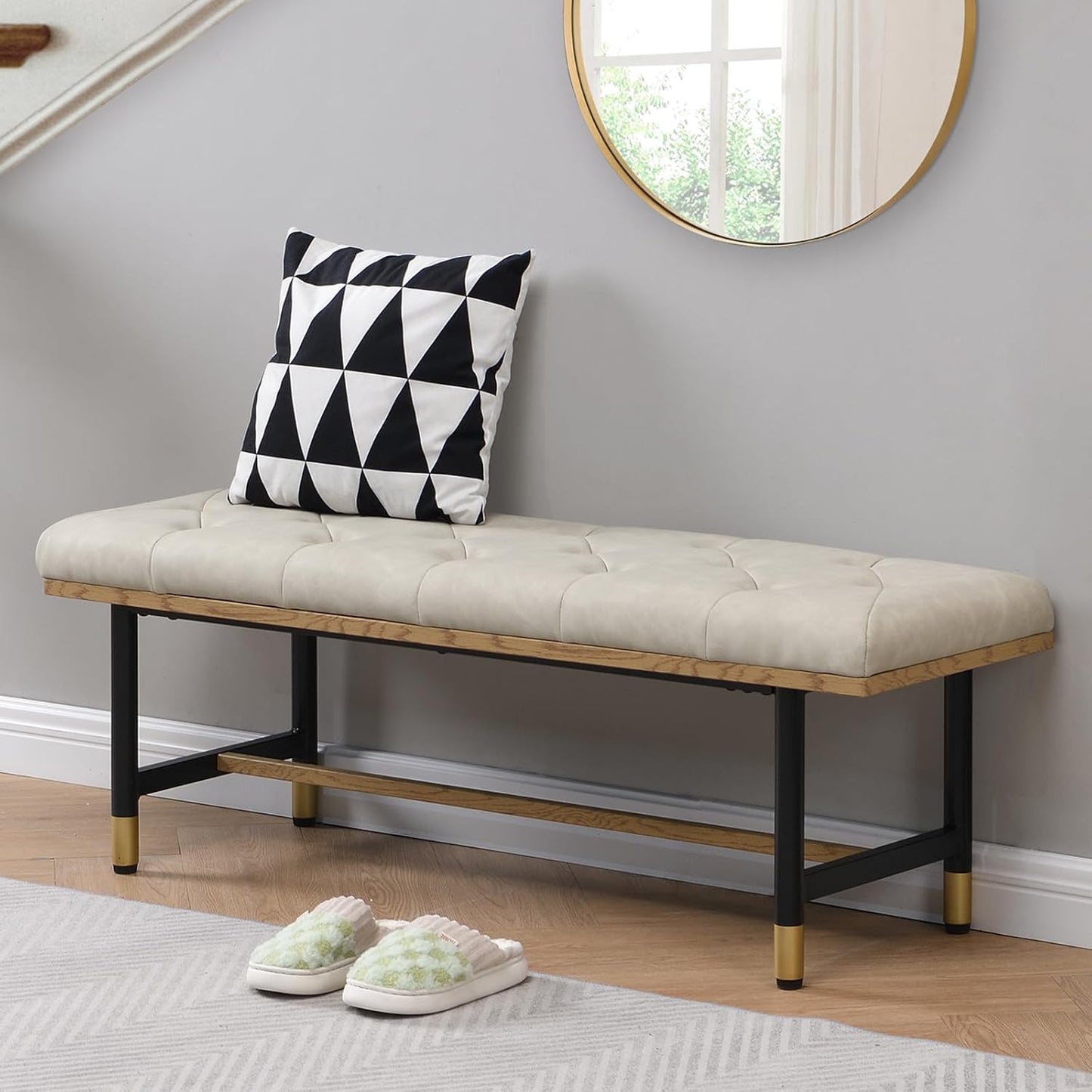 Shoe Bench Entryway, End of Bed Bench, Bench for Bedroom End of Bed, Modern Faux Leather Bench for Living Room, Entryway Bench Seat, Padded Bench with Solid Metal Shelf Gold, Beige