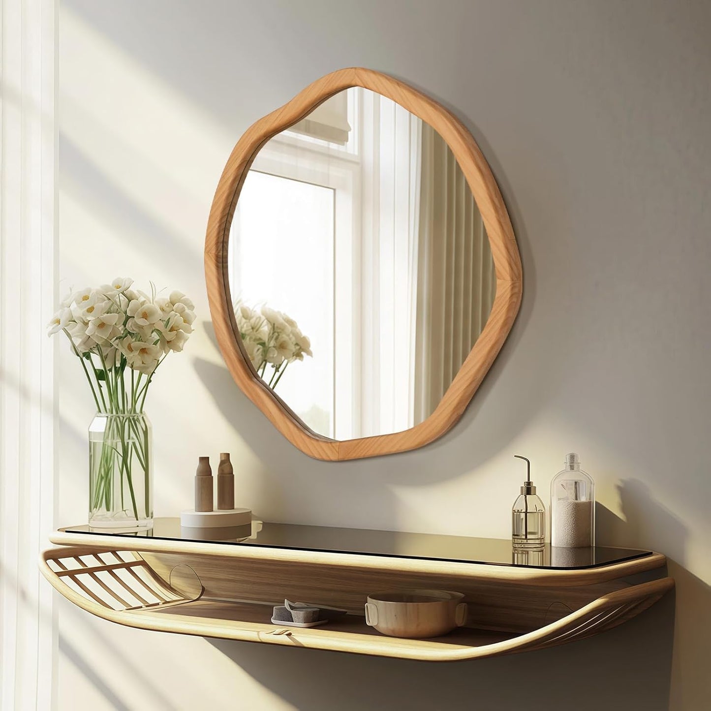 ULIKE Round Wood Mirror 24 Inch Circle Wall Mirror, Asymmetrical Bathroom Vanity Mirror with Wood Frame, Decorative Wall Mounted Mirror for Bedroom, Living Room, Entryway, Natural