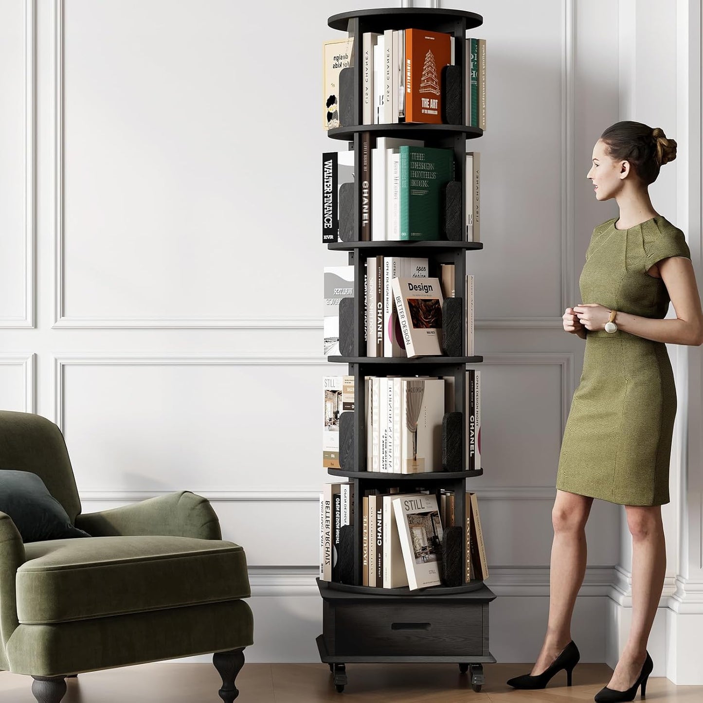 Solid Wood Rotating Bookshelf Tower on Wheels, 5-Tier Spinning Bookcase with Drawer, 72" Floor Standing Revolving Bookshelf, Rotating Bookcase for Small Space, Black