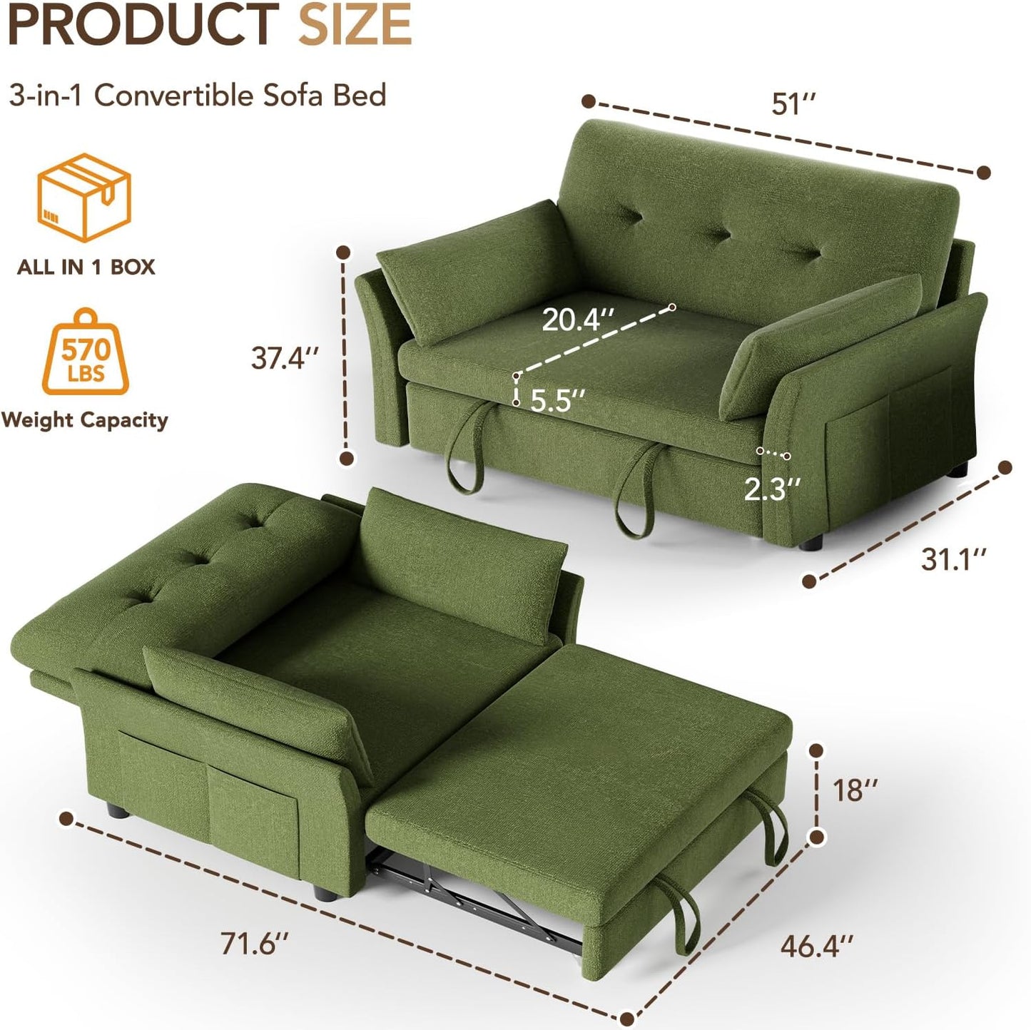 Vipbear 3-in-1 Chenille Convertible Sofa Bed, Pull Out Sleeper Sofa with Side Pocket & Adjustable Backrest, Tool-Free Assembly, Folding Loveseat for Living Room, Apartment, Green