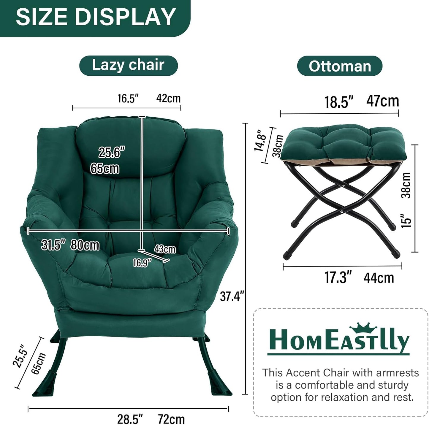 Lazy Chair with Ottoman, Large Modern Lounge Accent Chair with Armrests and Footrest, Reading Armchair with Ottoman, Leisure Sofa Chair for Living Room, Bedroom, Dorm Room(Dark Green