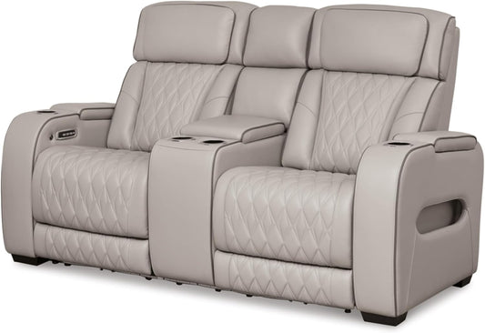 Signature Design by Ashley Boyington Contemporary Leather Match Power Reclining Loveseat with Console and USB Charging Ports, LED Lights and Adjustable Headrest, Light Gray