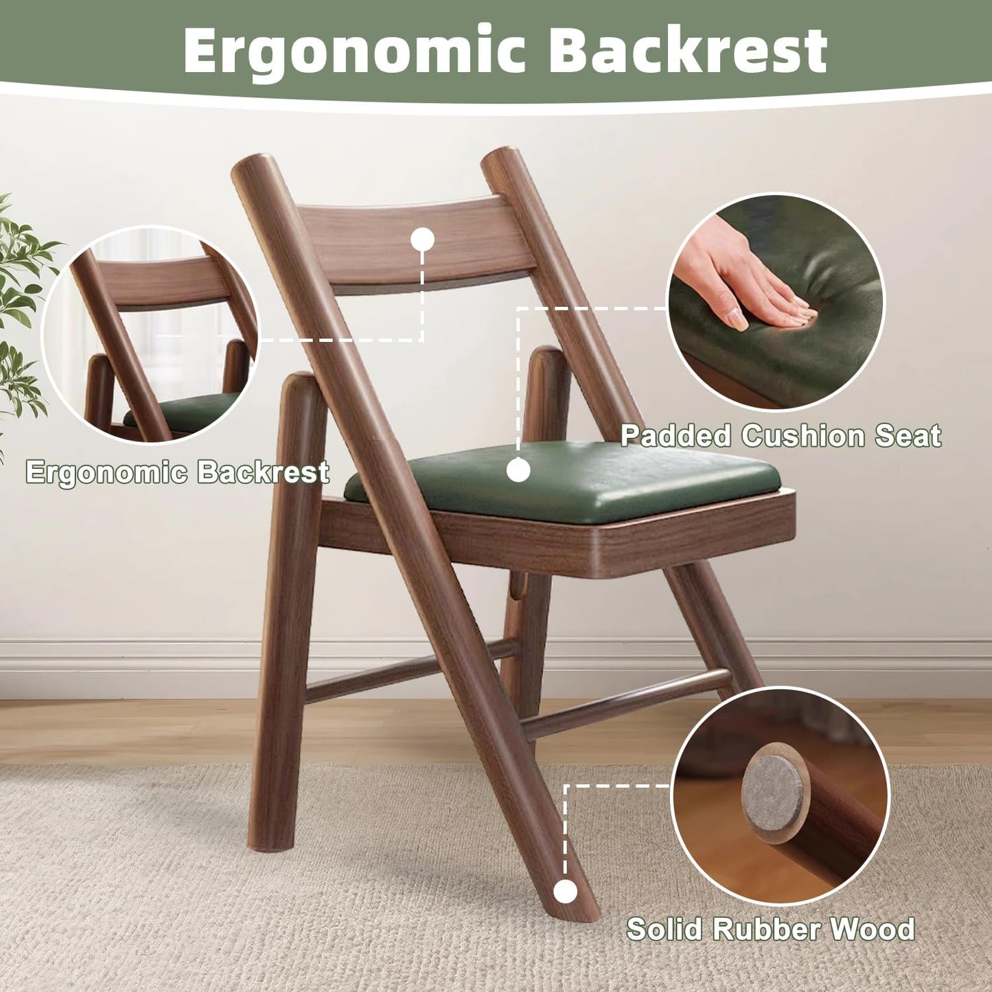 Folding Chairs with Cushion, Solid Wood Padded Foldable Chair, Folding Dinings Chairs Portable and Assembled Seat for Guests Kitchen Office Wedding and Party