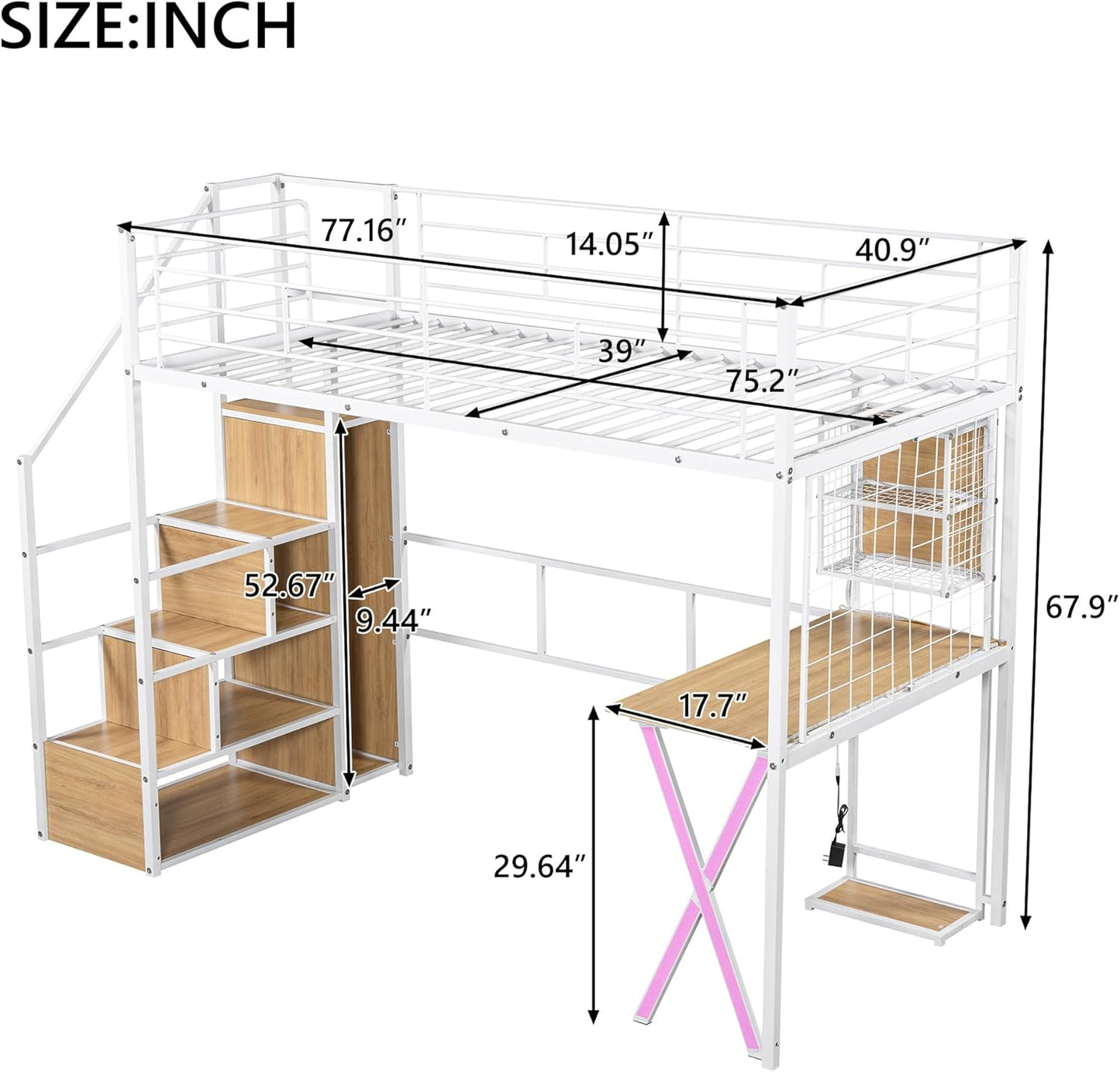 Merax Twin Size Metal Loft Bed with Built-in Work Station, Wardrobe, Storage Staircase and LED, Gaming Bed for for Kids Teens Adults, Full-Length Guardrails, No Box Spring Needed, White