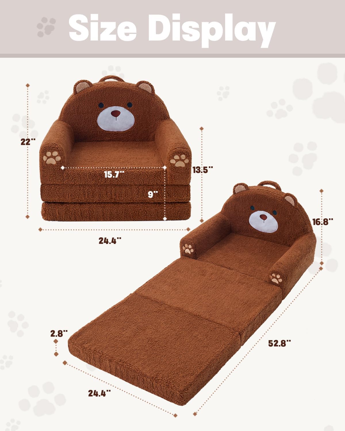 MOONBEEKI 2-in-1 Foldable Toddler Couch, Soft Sherpa Fabric with Washable Cover, Convertible Sofa to Lounger, Kids Sofa for Playroom, Bedroom, Living Room, Birthday Gift, Ages 3-6, Bear, Large