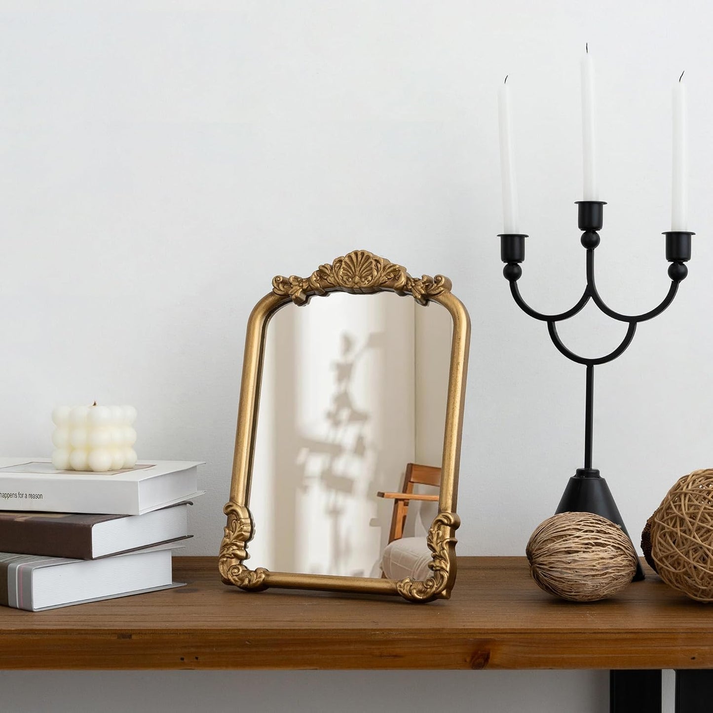 Vintage Vanity Mirror Small Gold Makeup Desk Mirror with Stand Antique Traditional Arched Table Mirror 8.5x12 for Countertop Tabletop Living Room Bedroom Bathroom