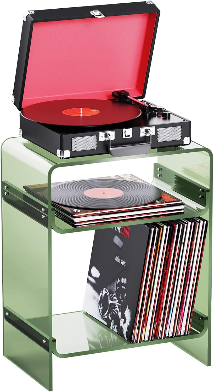 Acrylic Record Player Table with Storage Shelf, Clear Side Table Nightstand (Green)