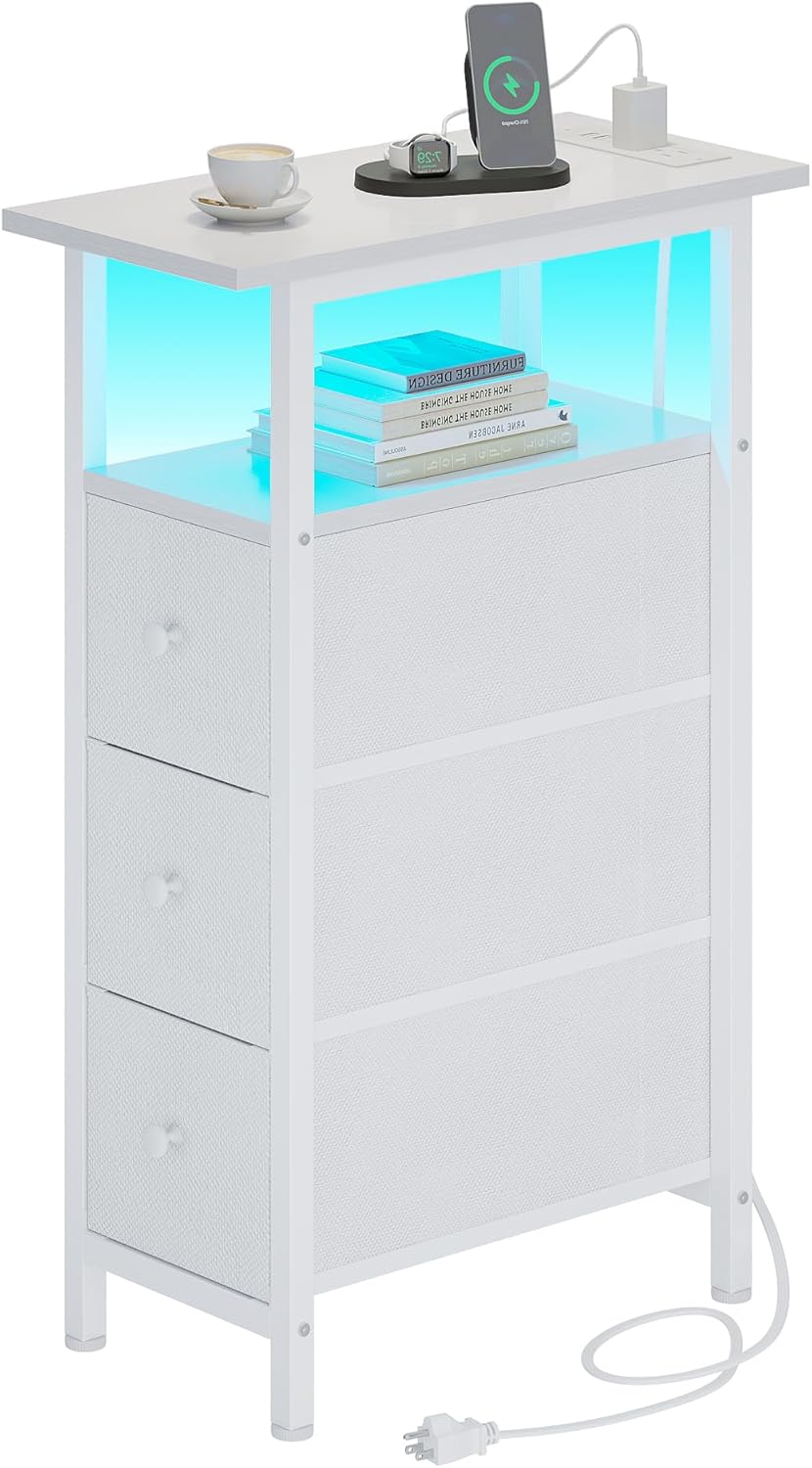 End Table with Charging Station, Narrow Side Table with 3 Fabric Drawers, Skinny Nightstand with LED Light, Slim Bedside Table for Bedroom, Living Room, Small Spaces, White