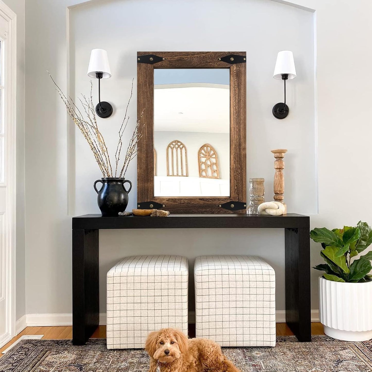 Rustic Wooden Framed Wall Mirror for Bathroom, Farmhouse Decorative Natural Wood Vanity Mirror, Wall Mounted Rectangular Mirror for Bedroom Living Room, Vertical or Horizontal Hanging, 26x40 Inches