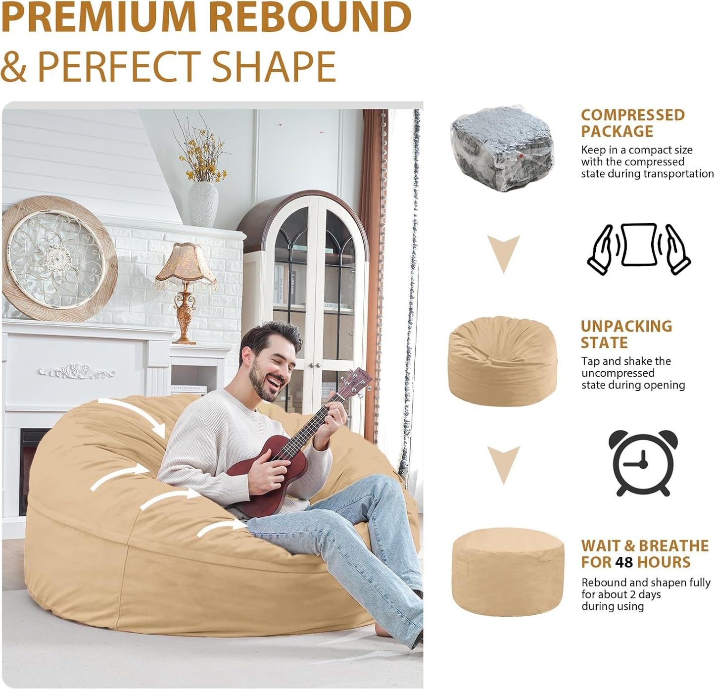 5FT Bean Bag Chair, Large Bean Bag Chairs with Memory Foam Filled, Fluffy Beanbag Sofa with Dutch Velvet Cover, Round BeanBag Chairs for Living Room, Playroom - Khaki