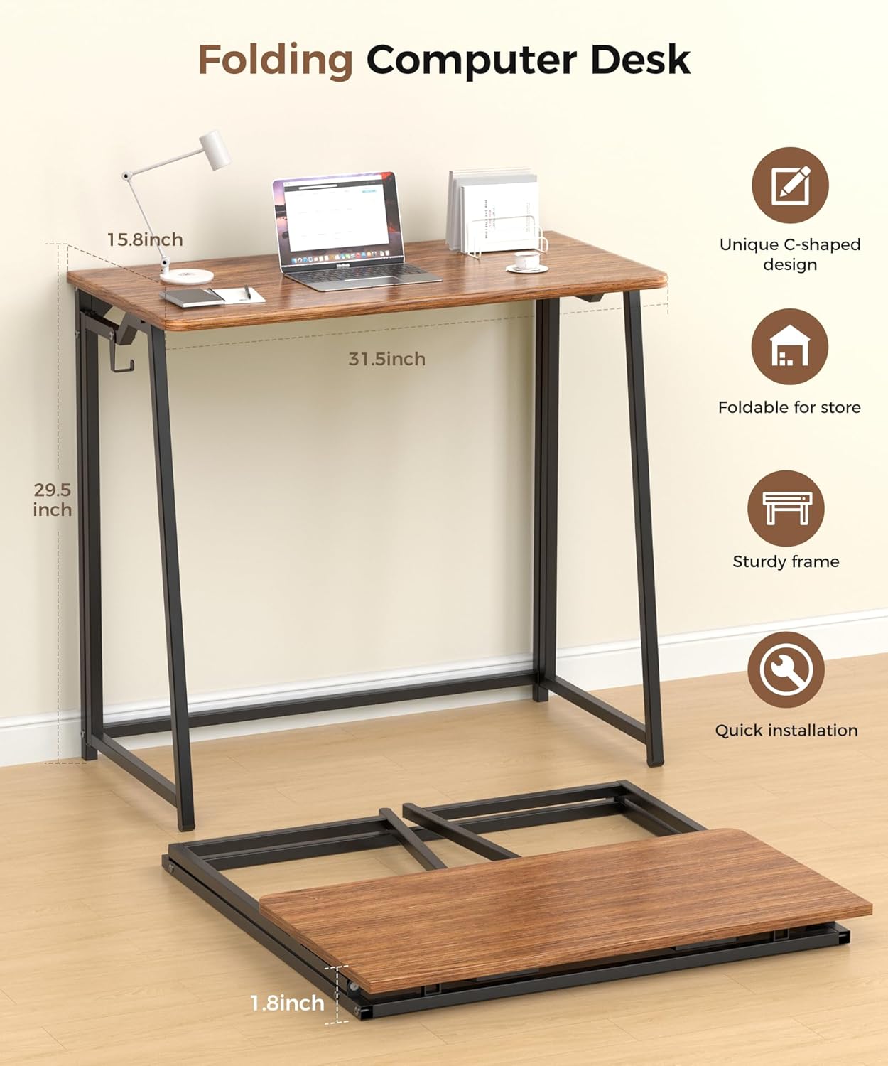 Folding Desk Small Foldable Desk for Small Space, 31.5 Inches Writing Computer Desks in Study, Home Office Foldable Office Desks for Bedroom, Rustic