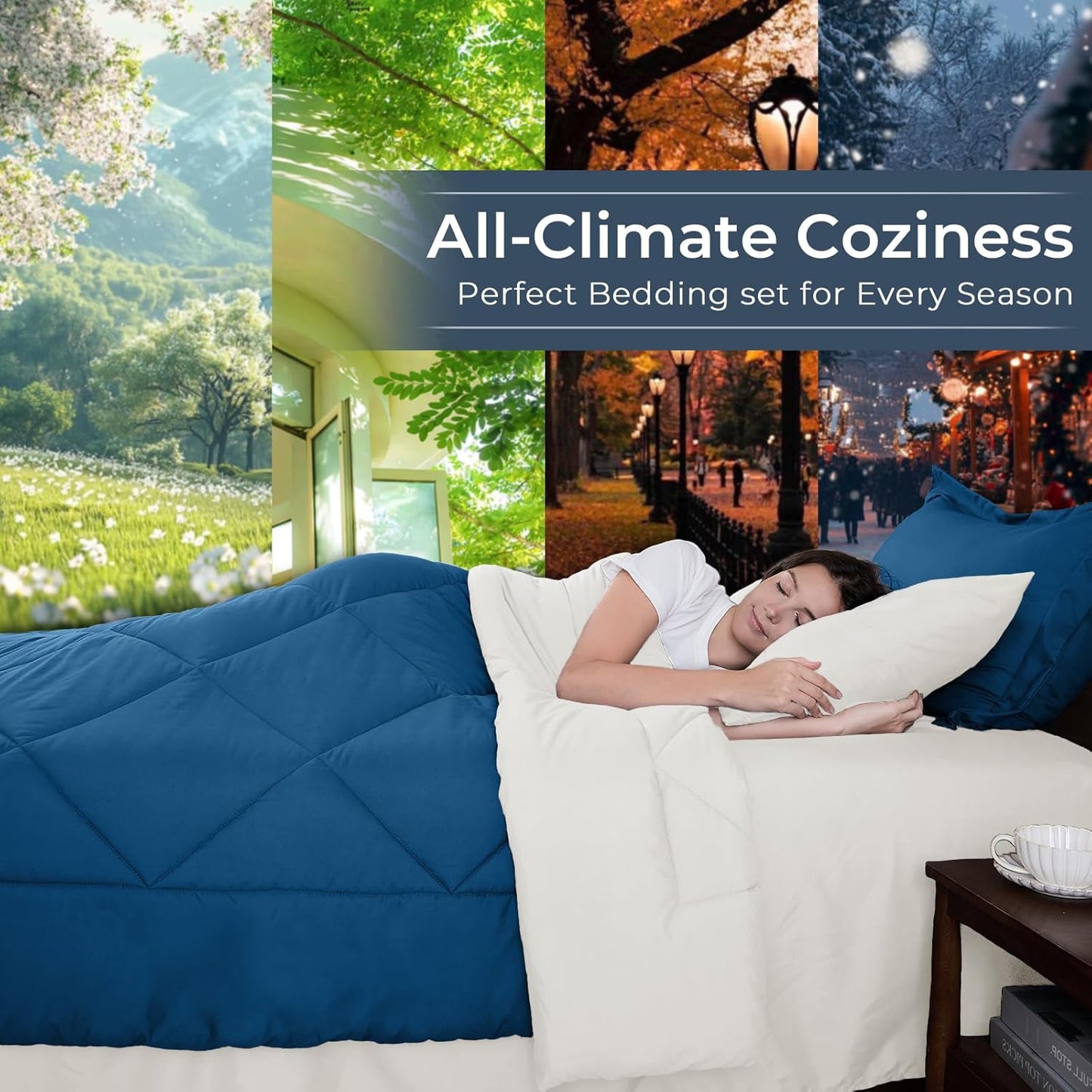 HEVUMYI Teal Blue & Ivory Queen Comforter Set - 7-Piece All Season Bed in a Bag Queen, Ultra Soft Bedding Set with Comforter, Flat Sheet, Fitted Sheet, Pillowcases, Pillow Shams, Teal Blue & Ivory