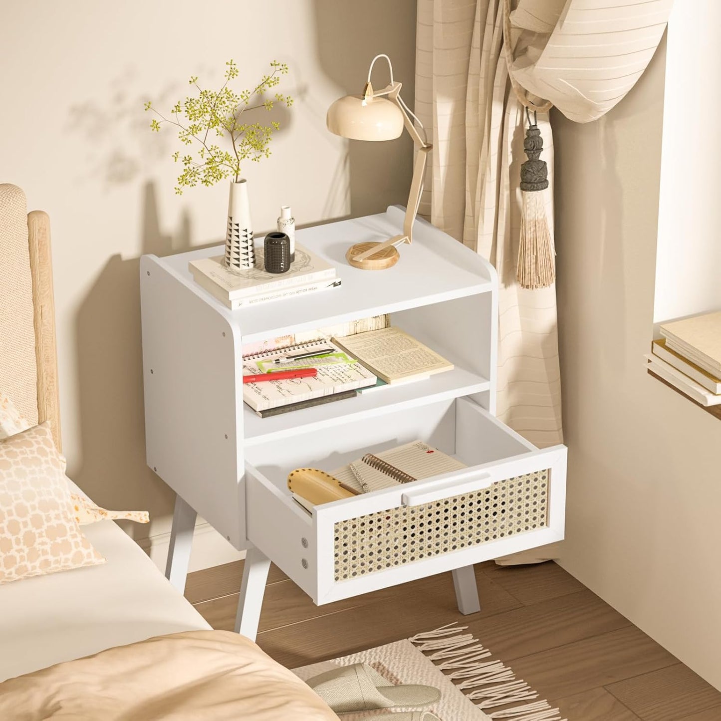 Lerliuo Rattan Nightstands Set of 2, Bedside Table with Drawer Open Shelf, Cane Accent Side End Table with Solid Wood Legs, White Mid Century Night Stand for Bedroom, Dorm and Small Spaces