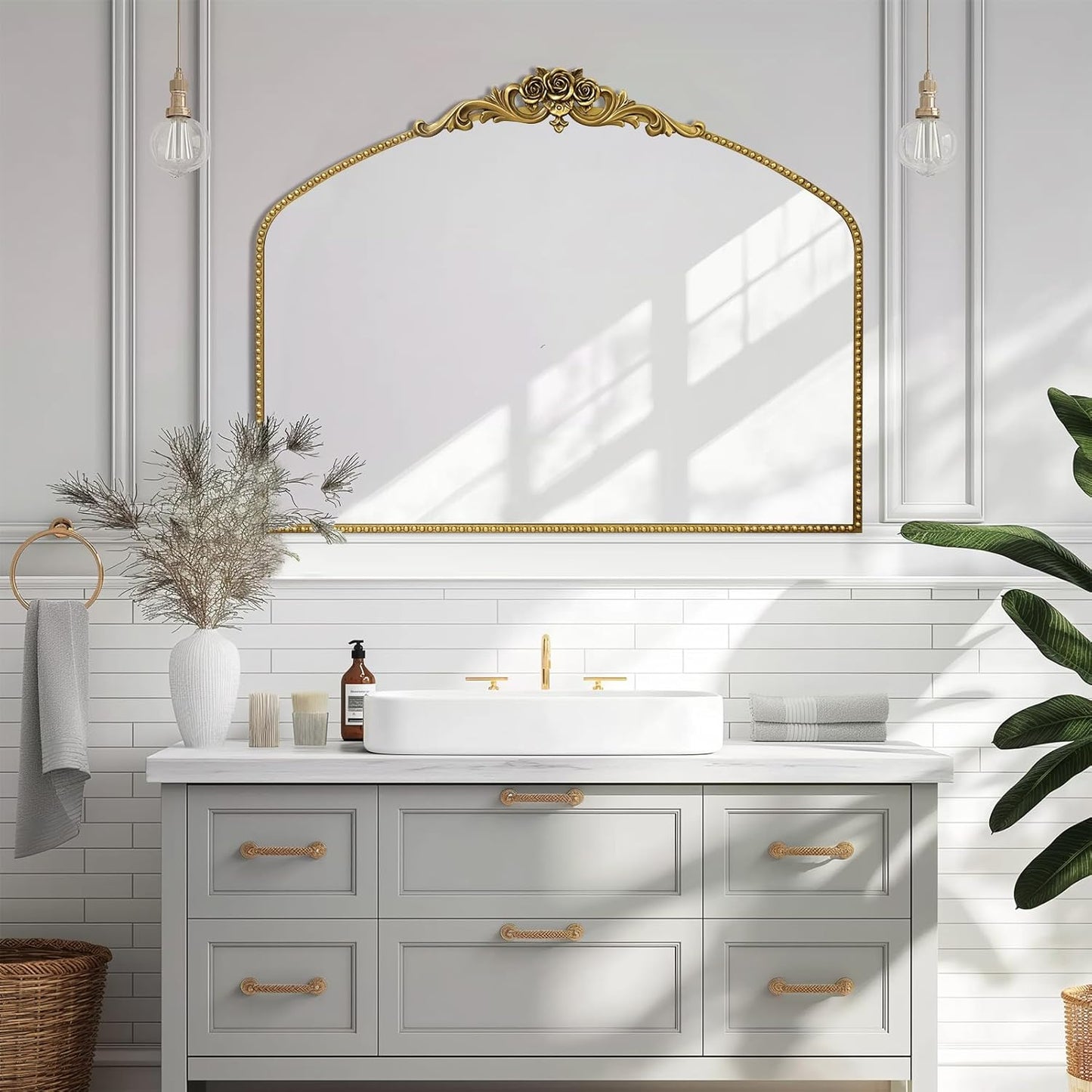 AIXI HOME Vintage Gold Arched Mirror 40"X30", Antique Baroque Mantel Mirror with Ornate Metal Frame, Victorian Dress Wall Mirror for Entryway/Fireplace/Living Room/Hallway/Bathroom/Bedroom