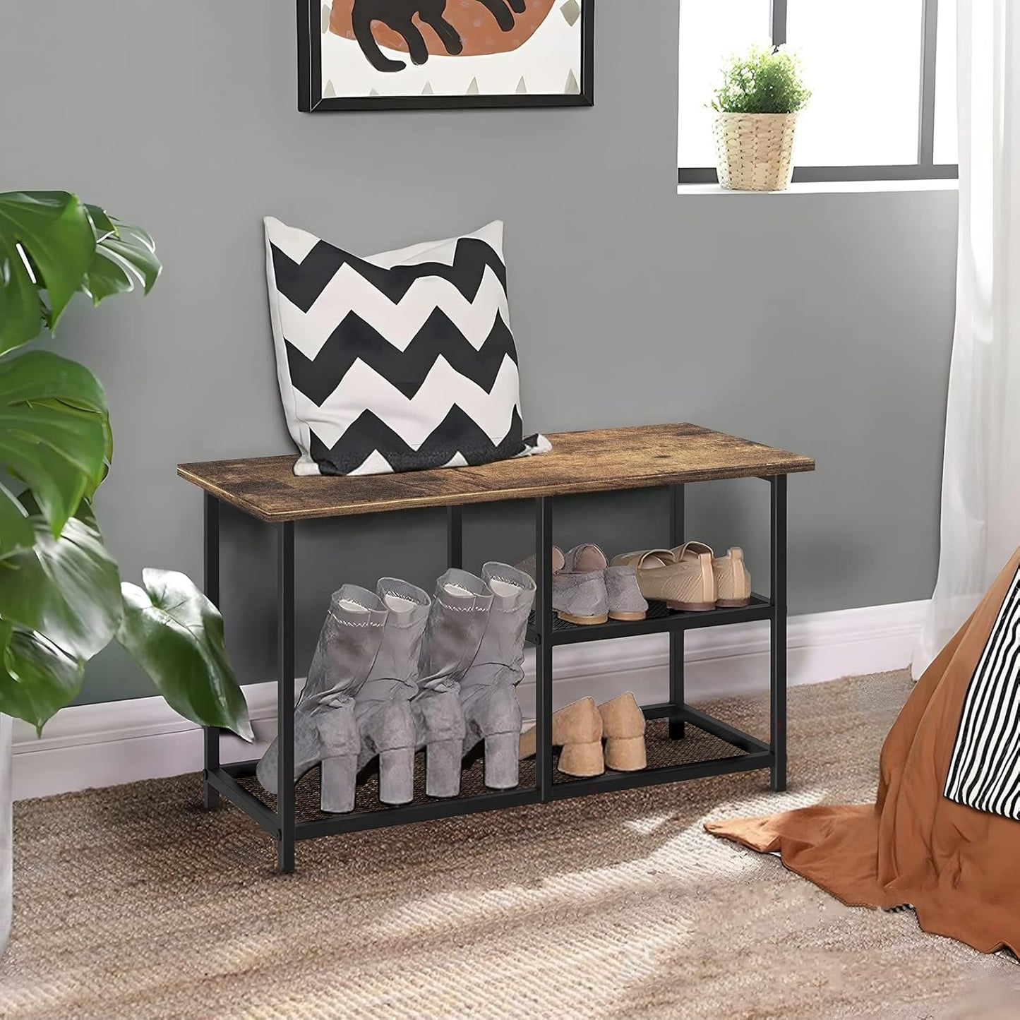 Rustic Wood Bench with 3-Tier Shoe Rack for Small Spaces - Free Standing Shoe Storage Shelf with Boot Organizer
