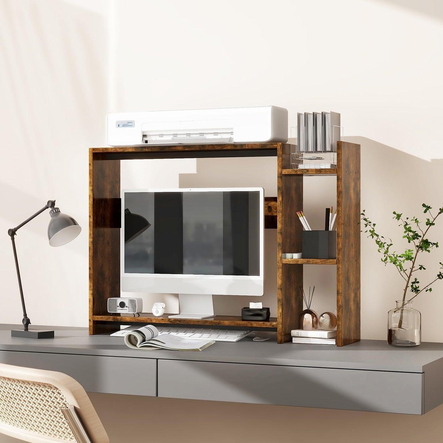 IBUYKE Desktop Bookshelf,36.8" Desktop Organizer Shelf,Wood Desk Hutch for Computer Monitor,Display Shelf for Office Home Dormitory,Brown TMZ008H