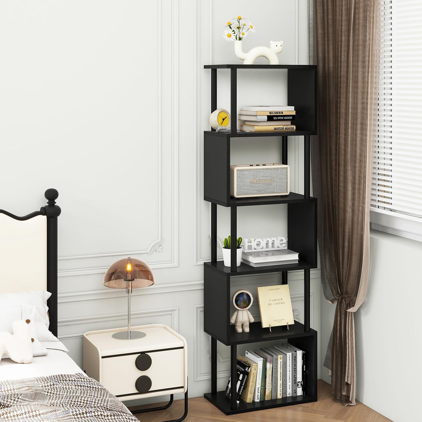 IBUYKE 6-Tier Tall Bookshelf,S-Shaped Geometric Bookcase, Wood Display Shelves with Storage,Modern Bookshelf for Living Room Bedroom, Home Office, Black WBC016B