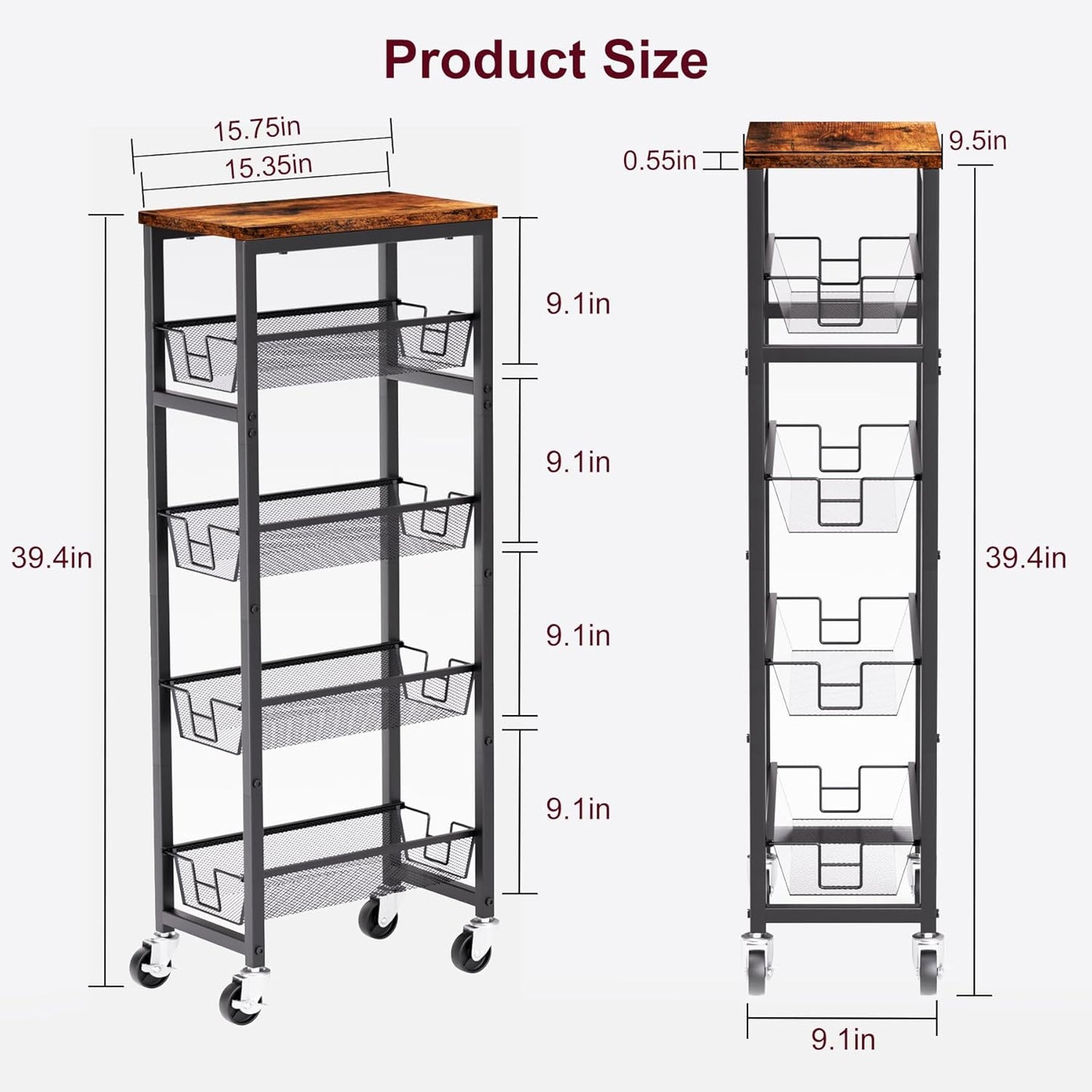 Slim Rolling Cart, 5-Tier Storage Cart, 9.1inch Narrow Kitchen Rolling Cart on Wheels for Small Space, Utility Cart Shelving Unit with Wooden Top and Metal Handle for Kitchen, Bathroom, Laundry Room