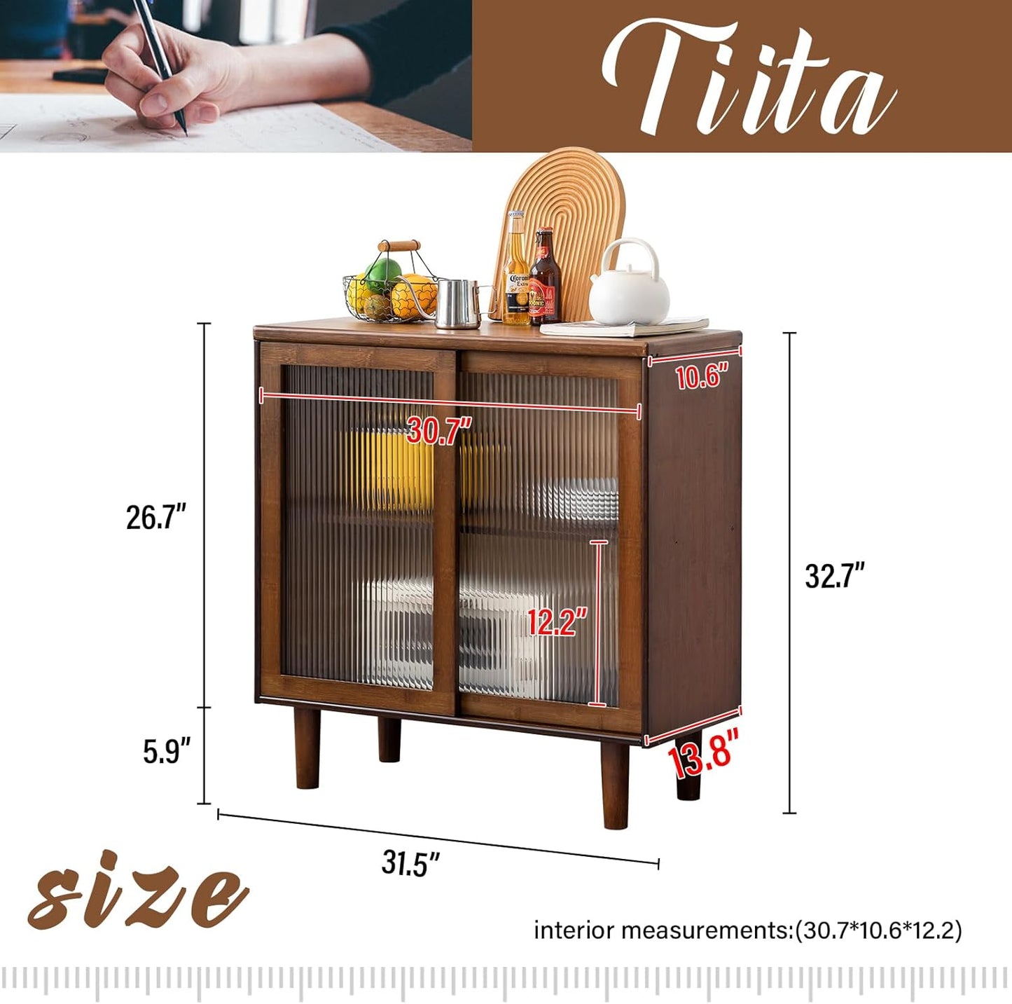 Tiita Bamboo Sideboard Buffet Cabinet, Rattan Kitchen Storage Cabinet, Boho Coffee Bar Tables for Kitchen Living Room Hallway Office, Walnut
