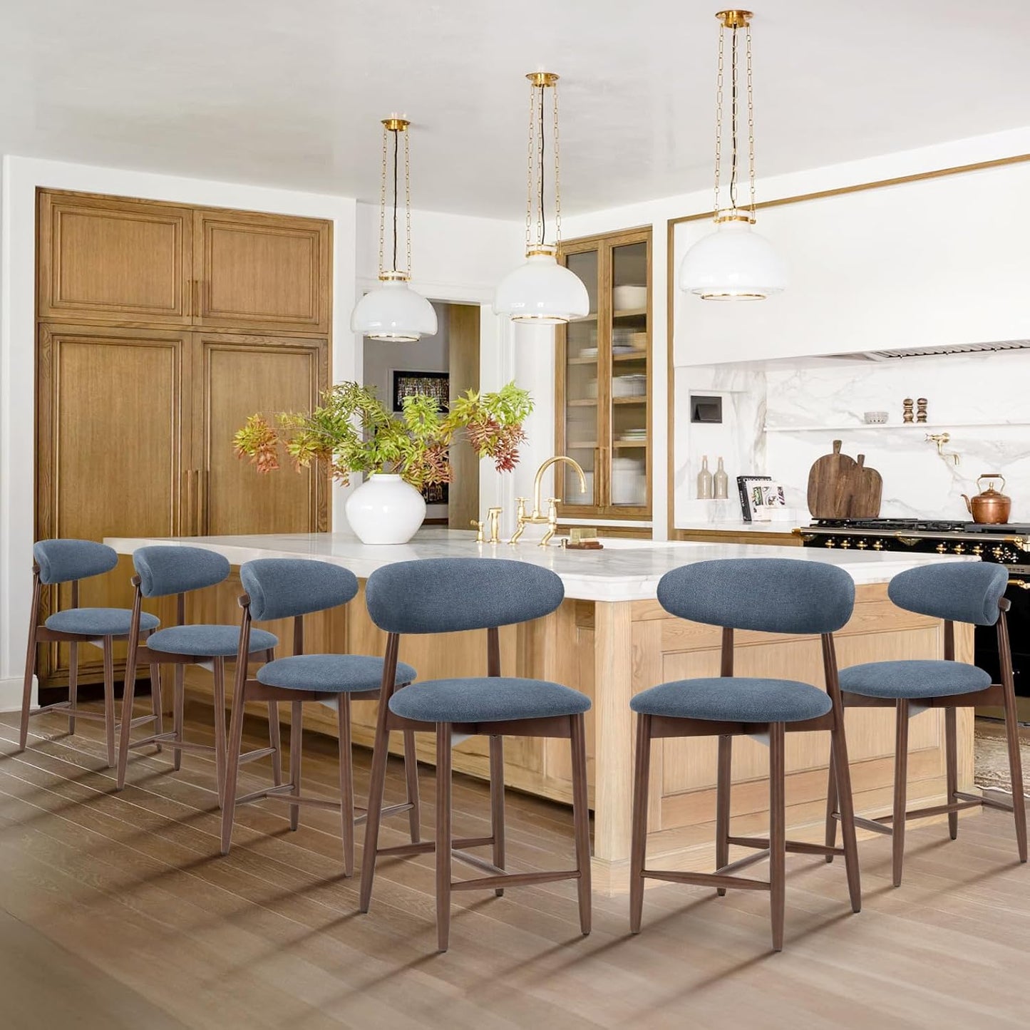 COLAMY Bar Stools Set of 6, Counter Height Bar Stools, Upholstered Counter Stools with Wood Legs for Kitchen Island Dining Room Bar, Blue