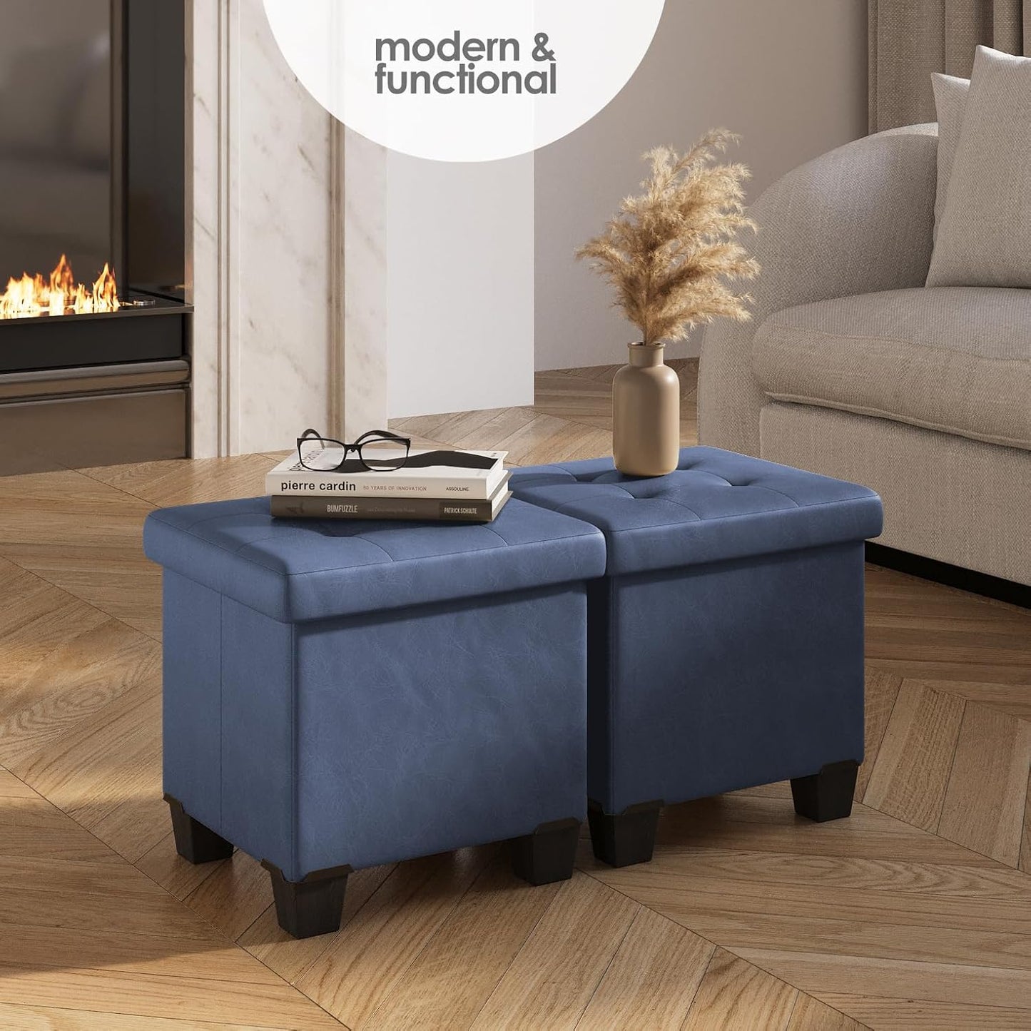 STORAGEBUD Storage Ottoman Cube with Small Bin, 16-in Square Ottoman with Storage for Living Room and Bedroom, Small Ottomans Foot Rest, Faux Leather Foot Stools Ottomans Max 330lbs, Blue