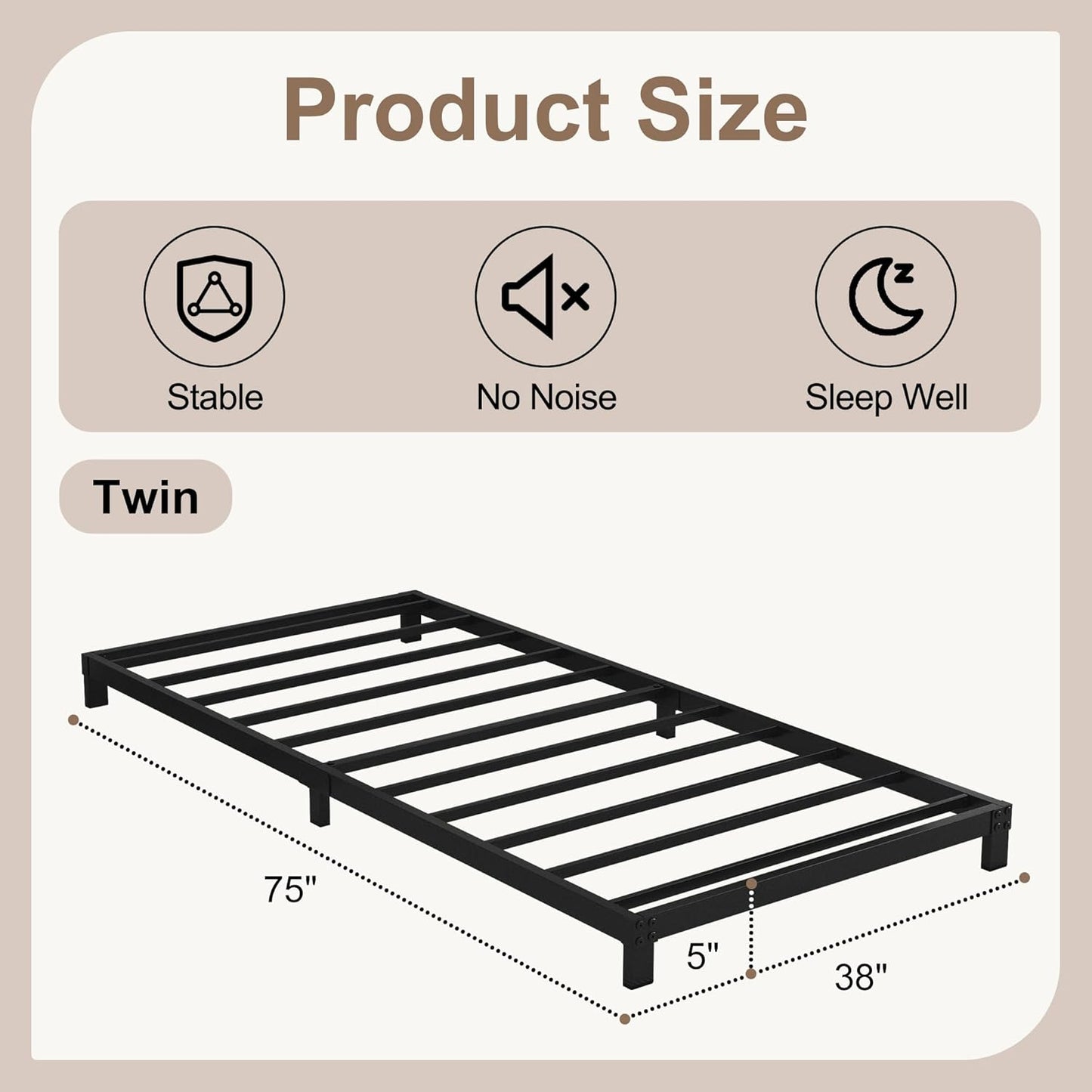 5 Inch Low Bed Frame Twin, Heavy Duty Twin Bed Frames Low Profile, No Box Spring Needed, Easy Assembly, Noise Free, Black