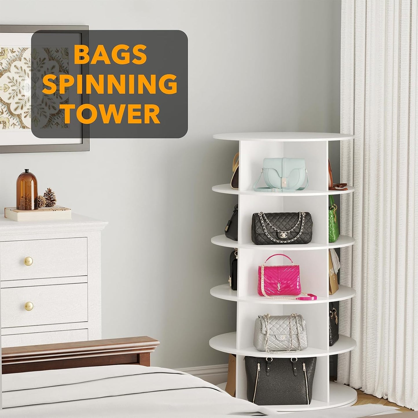 SpaceAid 5 Tier Rotating Shoe Rack Tower, Spinning Shoe Display Lazy Susan, Revolving 360 Shoe Rack Storage Round Carousel, Vertical Handbag Rotate Shoes Closet Organization (5-Tier White)