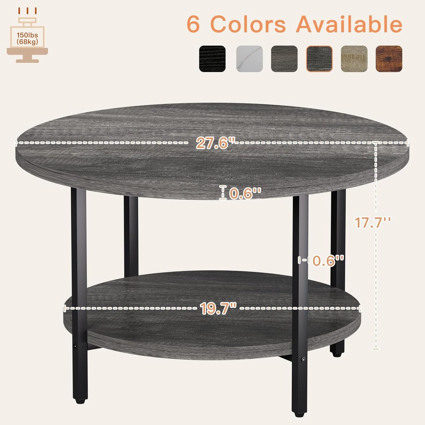 Coffee Table, 2 Tier Coffee Tables for Living Room, Round Coffee Table with Storage, Floor Table for Bedroom, Home Office, Dark Gray (27.6" D x 17.7" H)