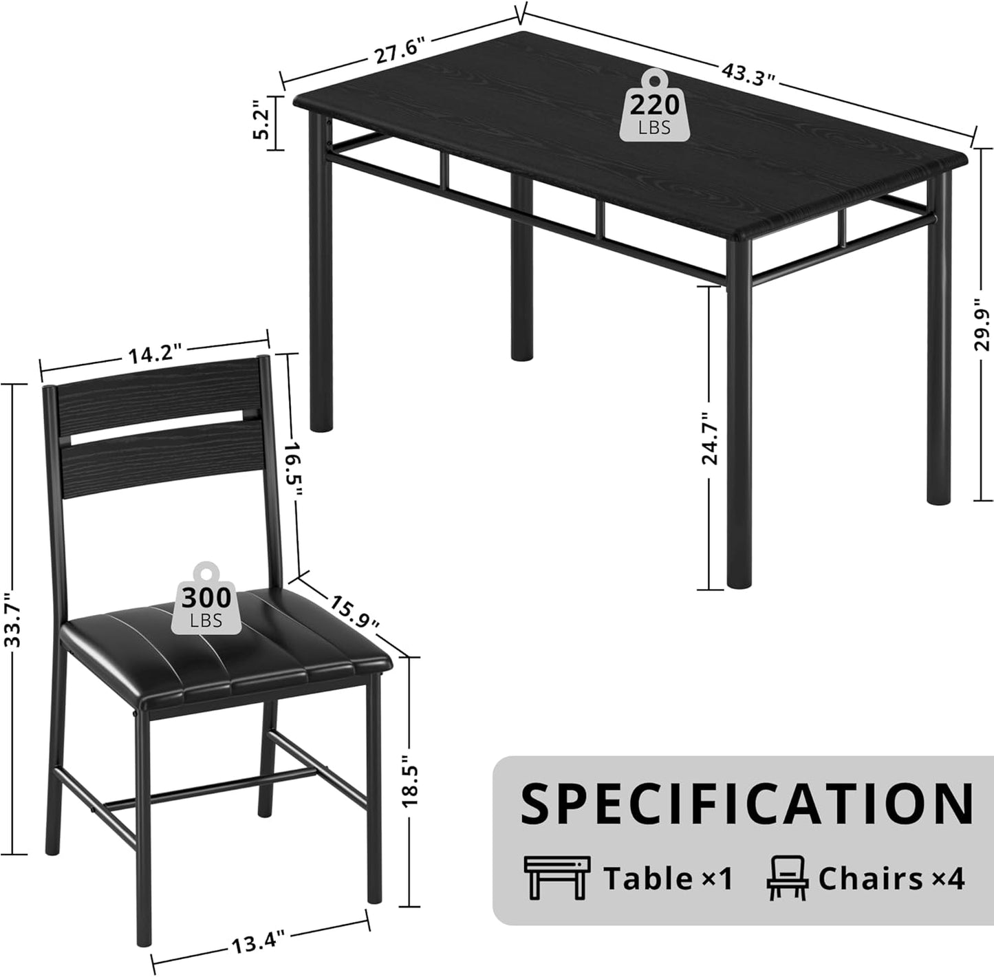 IRONCK Dining Table Set for 4, Wood Kitchen Table with Upholstered Chairs for Kitchen & Dining Room, Compact Dining Set for Small Spaces, Black