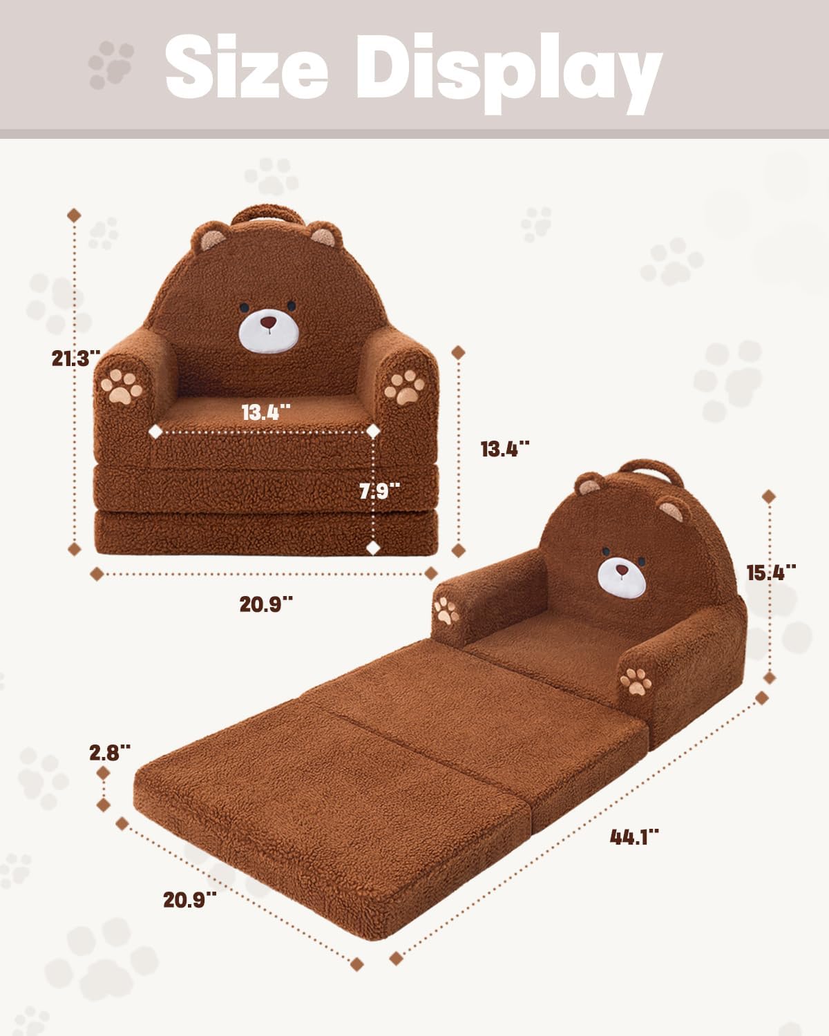 MOONBEEKI 2-in-1 Foldable Toddler Couch, Soft Sherpa Fabric with Washable Cover, Convertible Sofa to Lounger, Kids Sofa for Playroom, Bedroom, Living Room, Birthday Gift, Ages 1-3, Bear, Medium