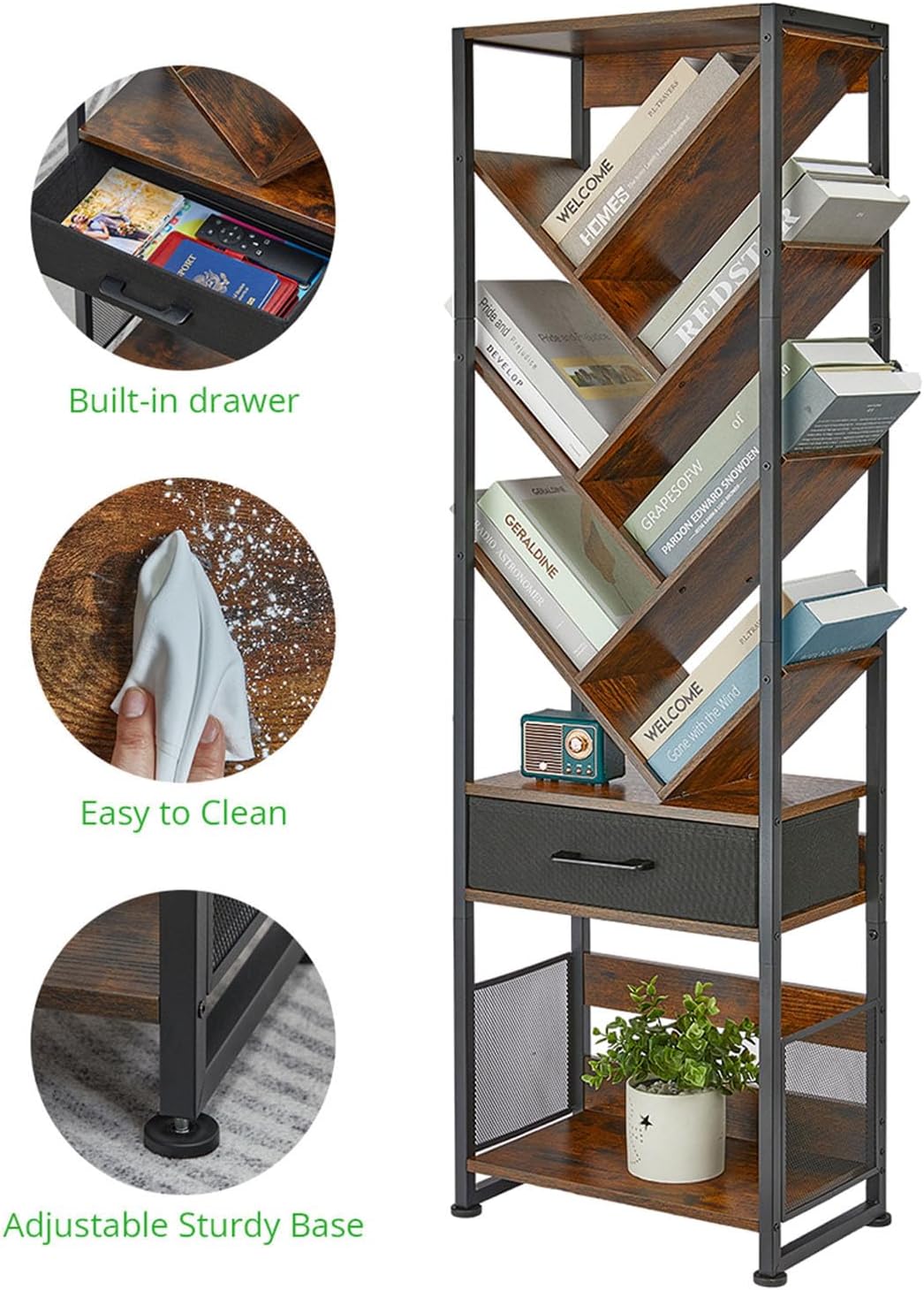 Bookshelf with Drawer,10 Tier Tree Bookcase Retro Floor Standing Bookshelves,Tall Wood Bookcases with Cabinet Storage Organizer for Living Room, Bedroom & Home Office, Classic