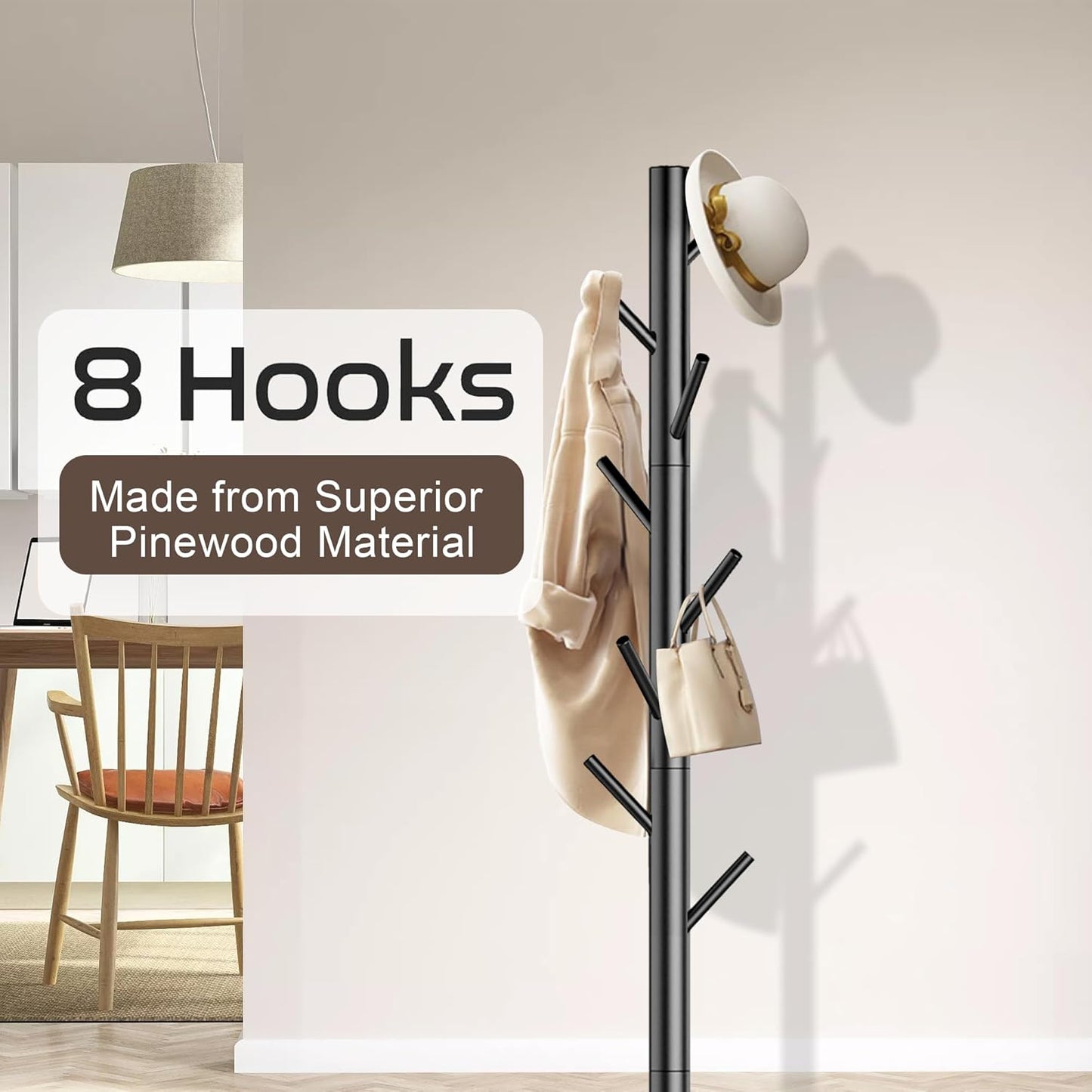 Wooden Coat Rack Stand, Freestanding Coat Rack with 8 Hooks, 3 Adjustable Size Coat Tree for Hats, Coats, Scarves bags, Coat Hanger Stand Used in Bedroom/Office/Entryway (Black)