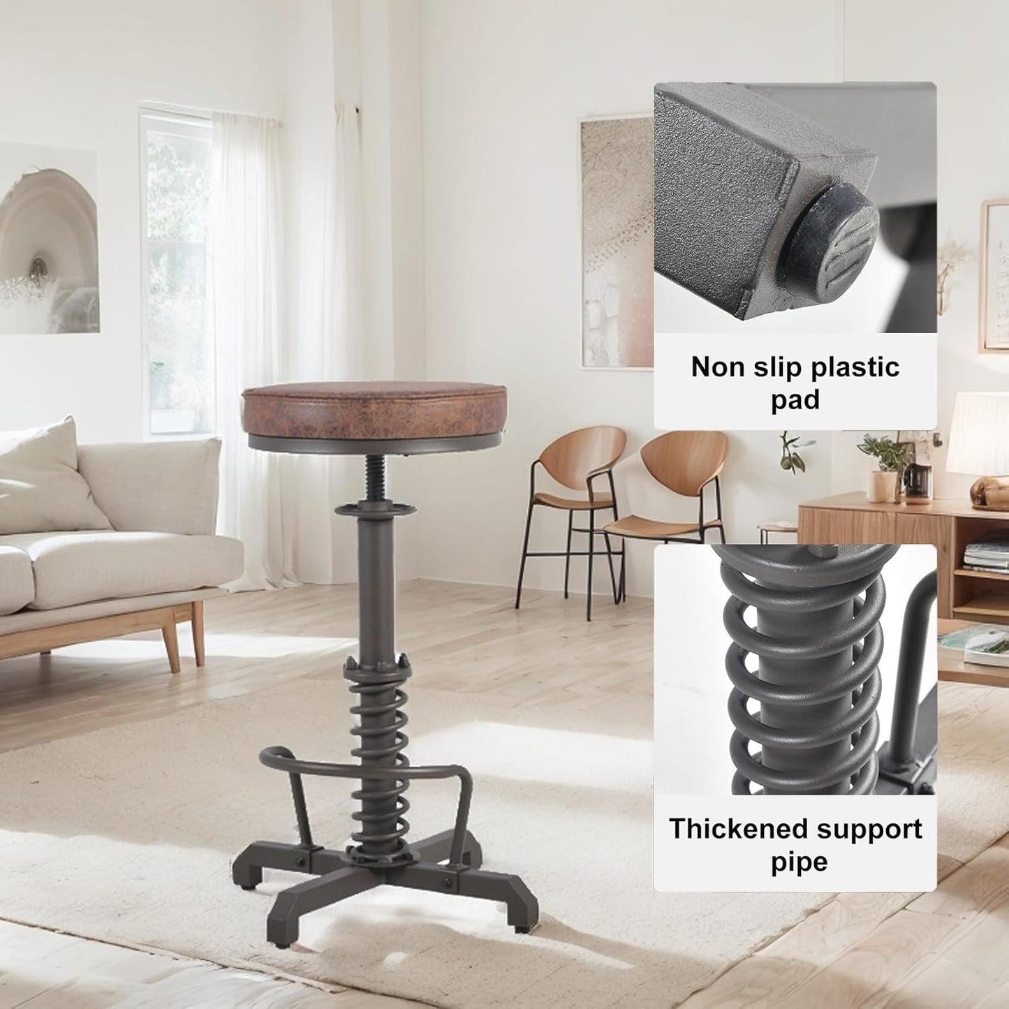 American Antique Steampunk Bar Stool 24.41"-28.35" Vintage Industrial Adjustable Swivel Backless Counter Stool for Home, Dining, Breakfast, Pub, (Heavy Duty Metal & Faux Leather, Brown & Maroon Top)