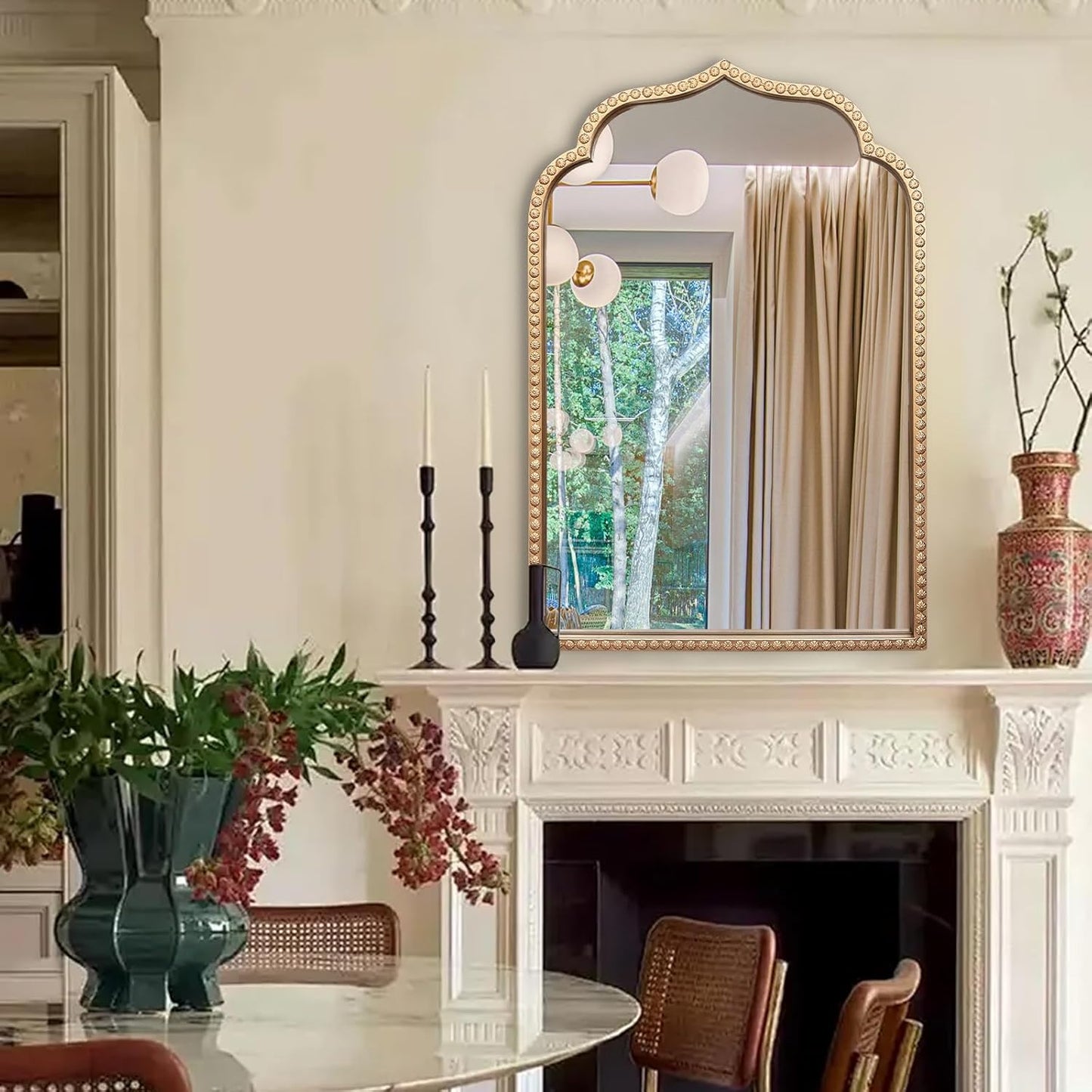 Gold Arch Mirror, 24"x36" Arched Vanity Mirrors for Bathroom, Metal Beaded Frame Ornate Decorative Mirror, Scalloped Vintage Mirrors for Fireplace Bedroom Living Room Hallway Entryway