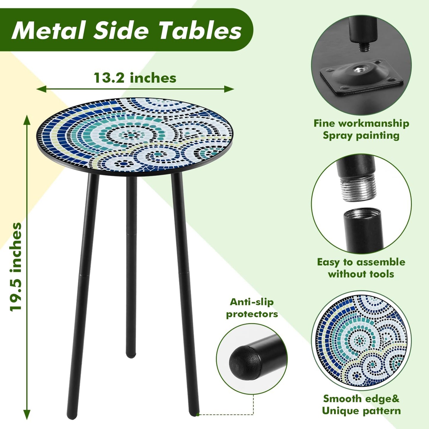 2 Packs Metal Mosaic Round Side Tables 13.4" Small Outdoor Patio Round Accent Coffee Tables Indoor Corner Stand for Small Spaces Weather-Resistant for Balcony, Porch Plant Stands Indoor