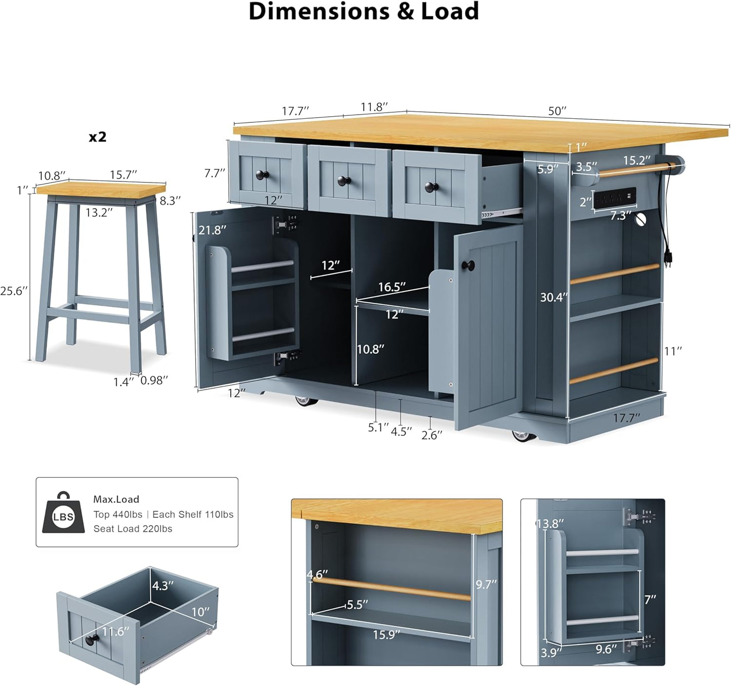 53" Large Kitchen Island Set with 2 Bar Stools, Power Outlet & Storage, Drop Leaf, 3 Drawers & 5 Open Racks, Grey Blue