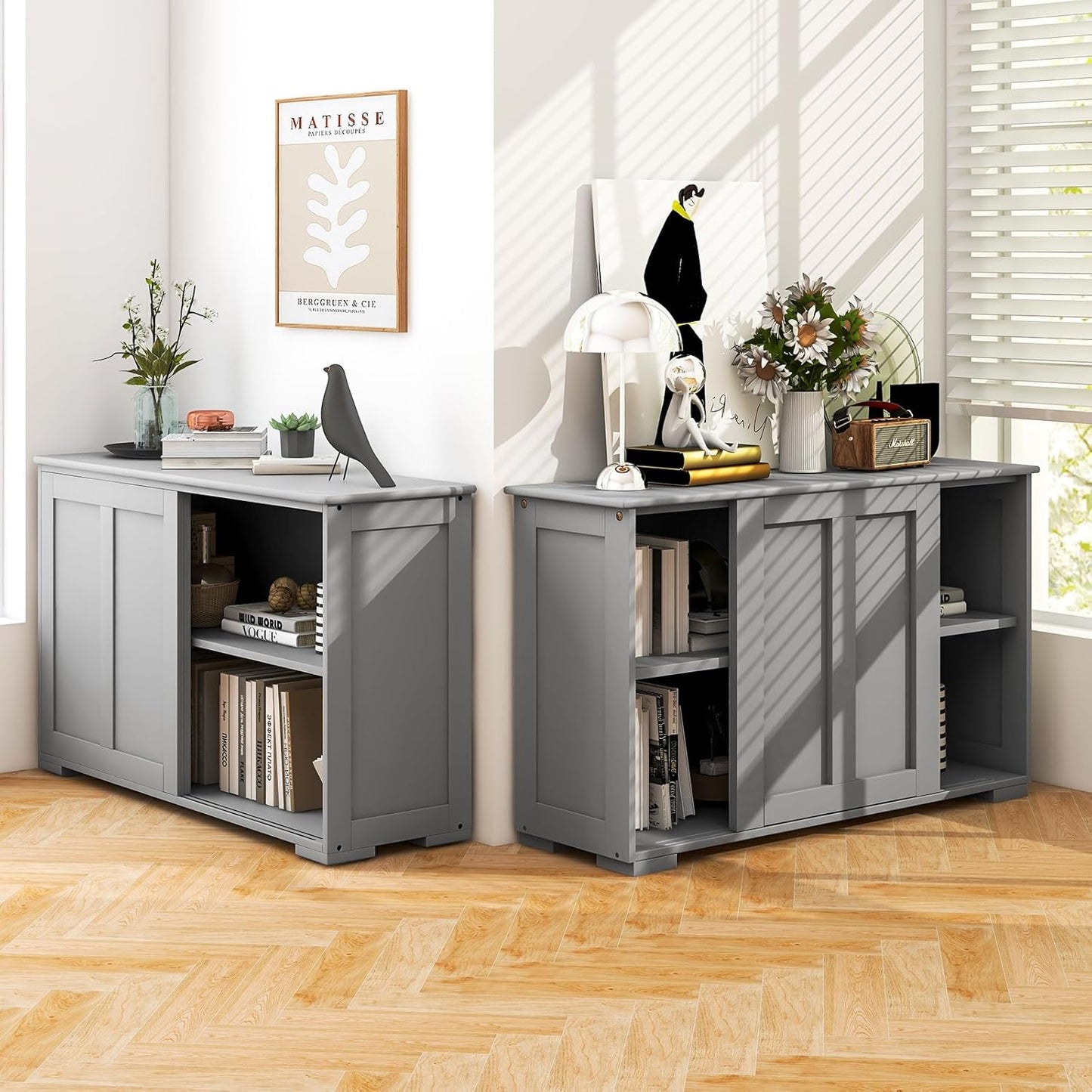 Costzon Sideboard Buffet Cabinet of 2, Wooden Kitchen Storage Cabinet with Adjustable Shelf, Sliding Barn Door, Accent Coffee Bar Cabinet Console Table for Living Room, Dining Room, Hallway (Grey)