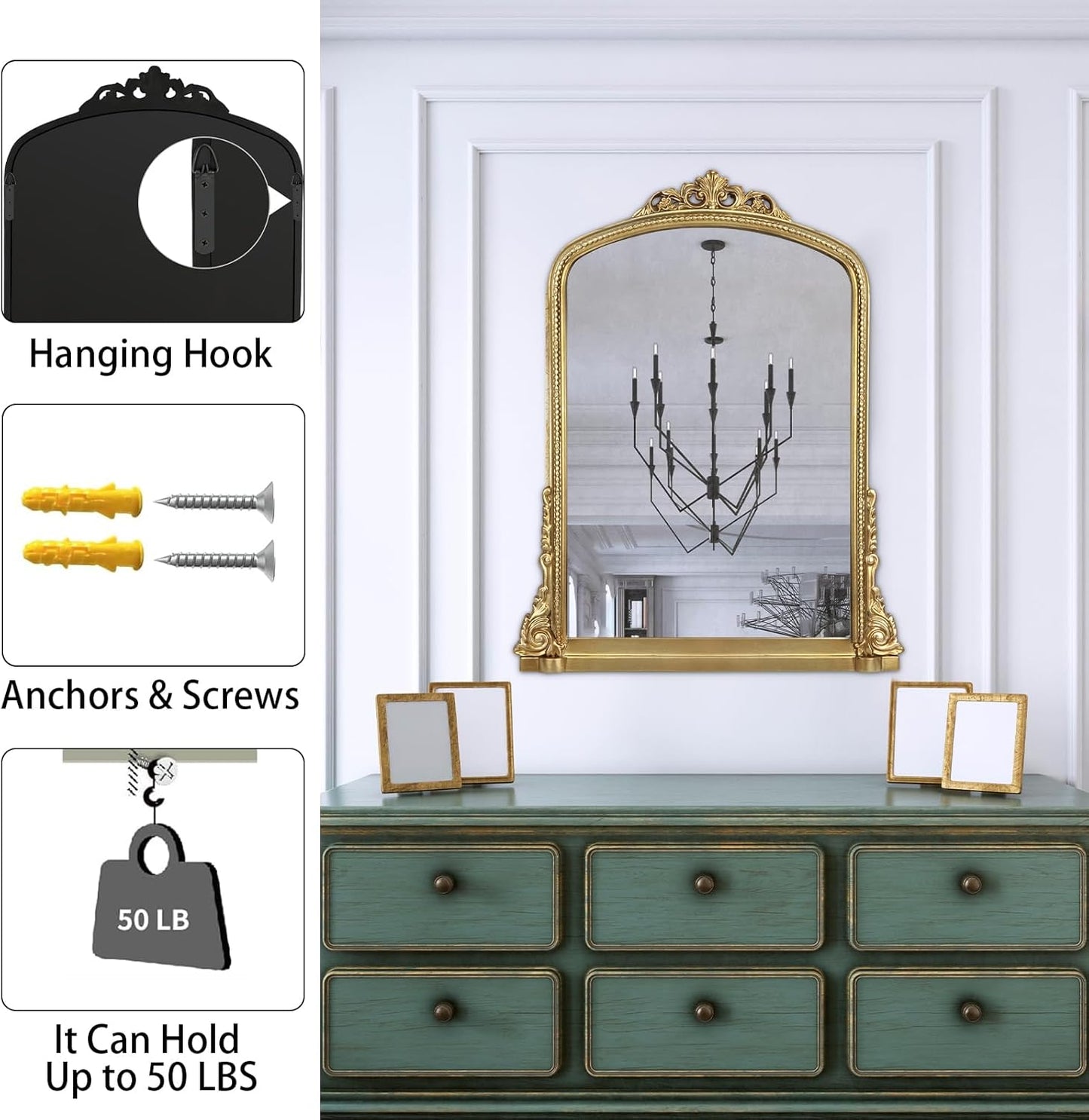 Traditional Ornate Arch Wall Mirror Vintage Fireplace Mirror Mantel Decor, Antique Gold, 36 inches x28 inches, Baroque Inspired Wall Mirror, 28 inches W x 36 inches L, 21004-GD