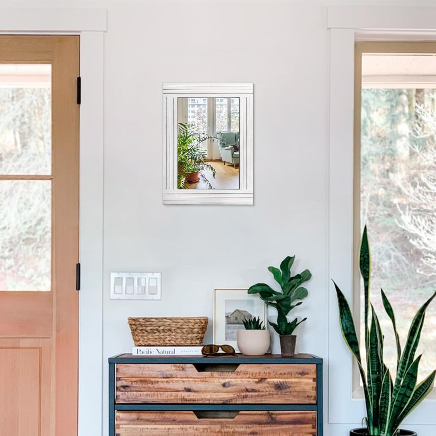 Wood Mirror Rectangular Framed Rustic Vintage Mirrors Decor Farmhouse Bedroom Bathroom Mirror for Dressing Table Entrance Small 16"x12" White