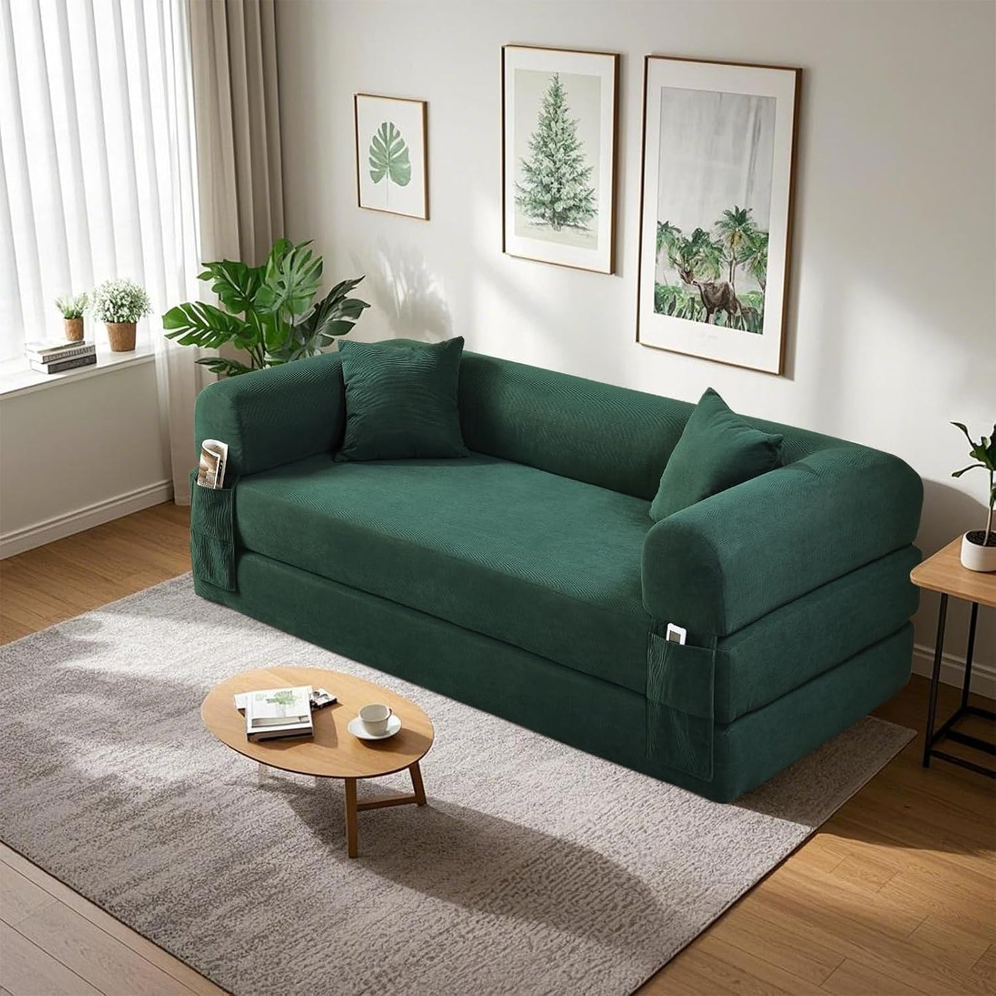 80" Convertible Sofa Bed, Corduroy Deep Seat Folding Pull Out Couch with Pillows, No Assembly Modern Boneless Couch Compression Sofa in Box, Floor Sofa with Storage Pocket for Living Room,Dark Green