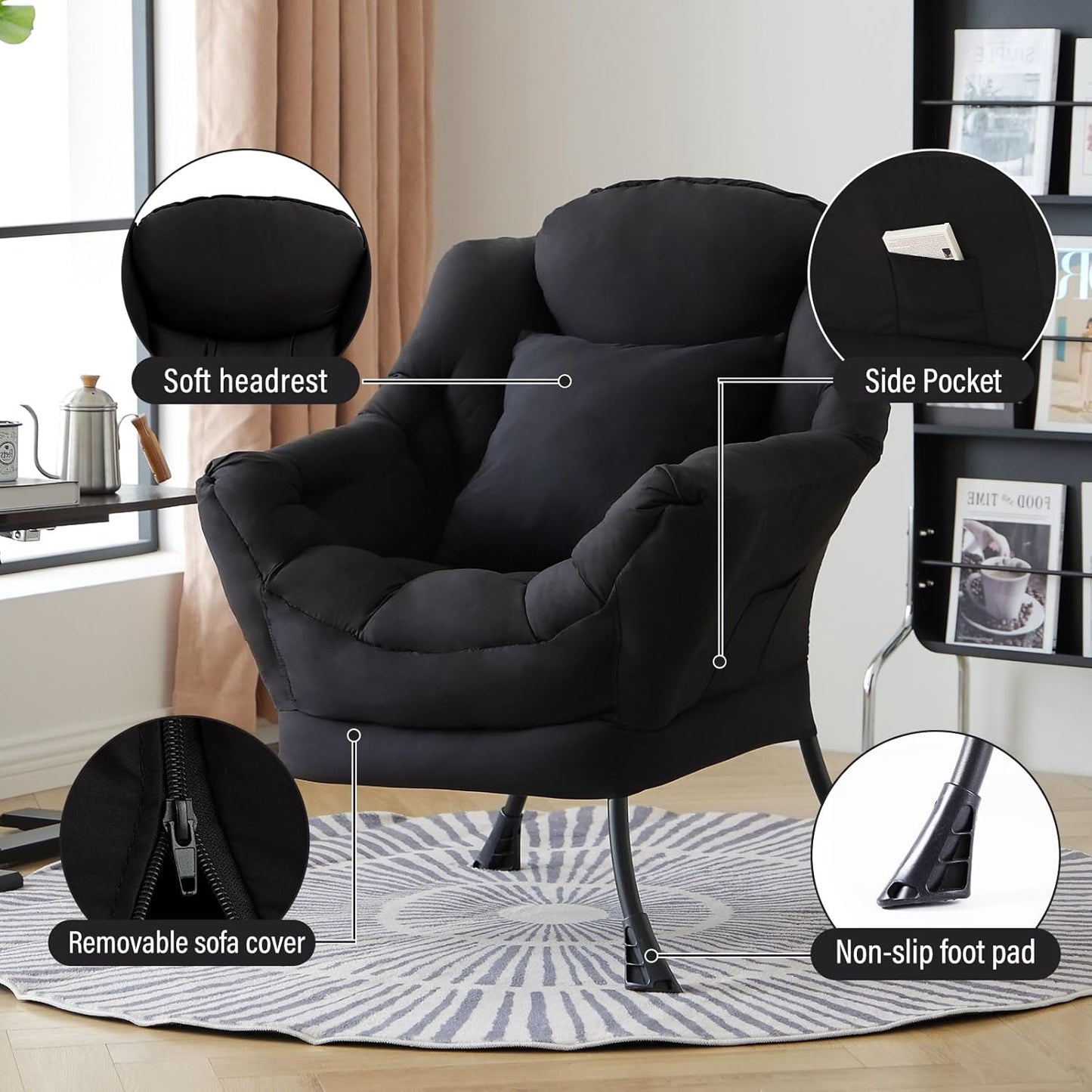 Lazy Chair with Pillow for Living Room, Modern Lounge Accent Chair with Armrests, Leisure Sofa Chair Set, Reading Chair for, Bedroom, Dorm Room, Office, Black