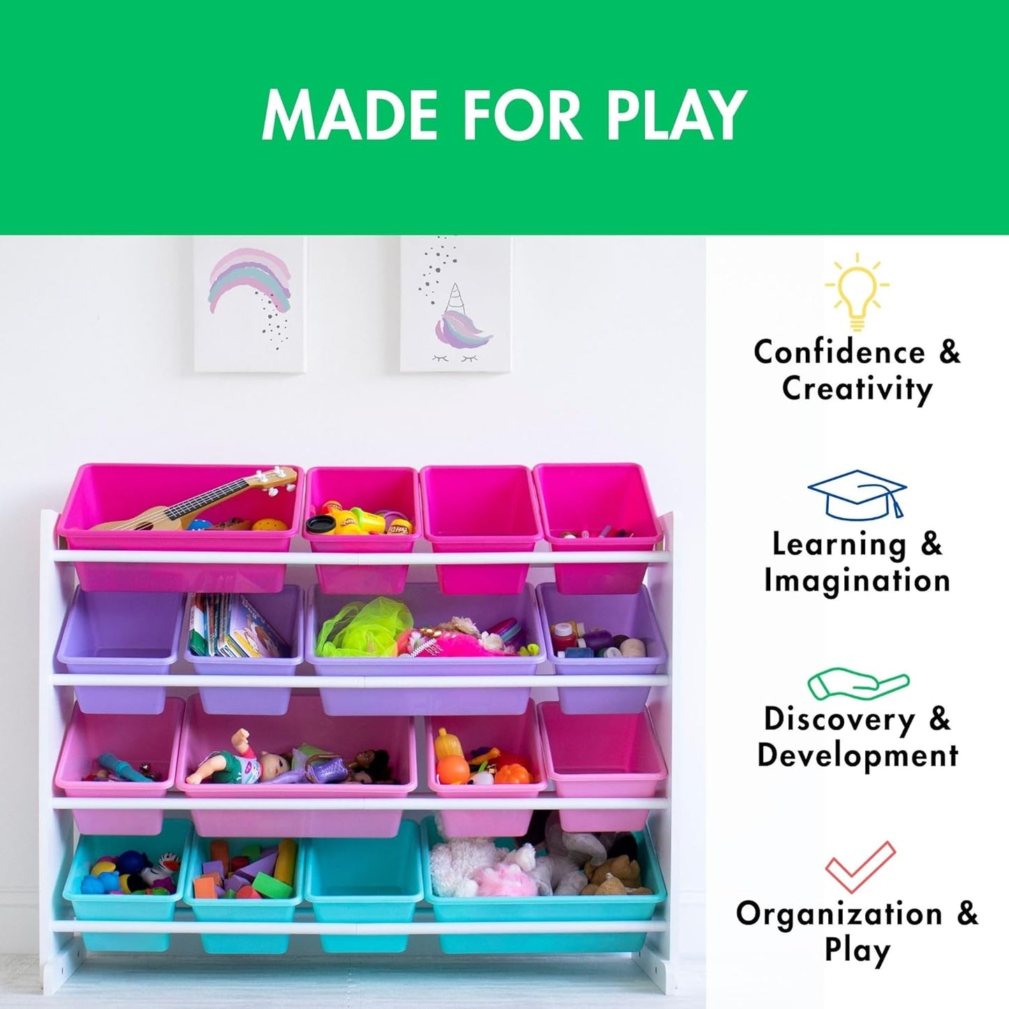 Humble Crew Supersized Toy Storage Organizer with 16 Removable Bins, White/Blue/Pink/Purple – Large Toy Storage for Toddlers Ideal for Kids' Rooms, Playrooms, and Nurseries - Modern Toy Bins for Kids