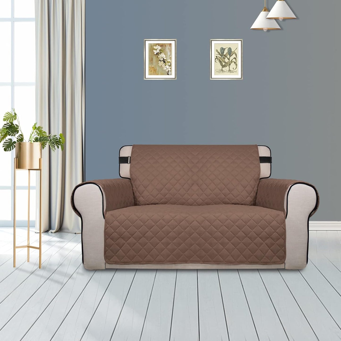 PureFit Reversible Sofa Cover Water Resistant Loveseat Couch Cover, Machine Washable Furniture Cover with Non-Slip Foam and Adjustable Strap for Dogs, Pets (Loveseat, Brown/Beige)