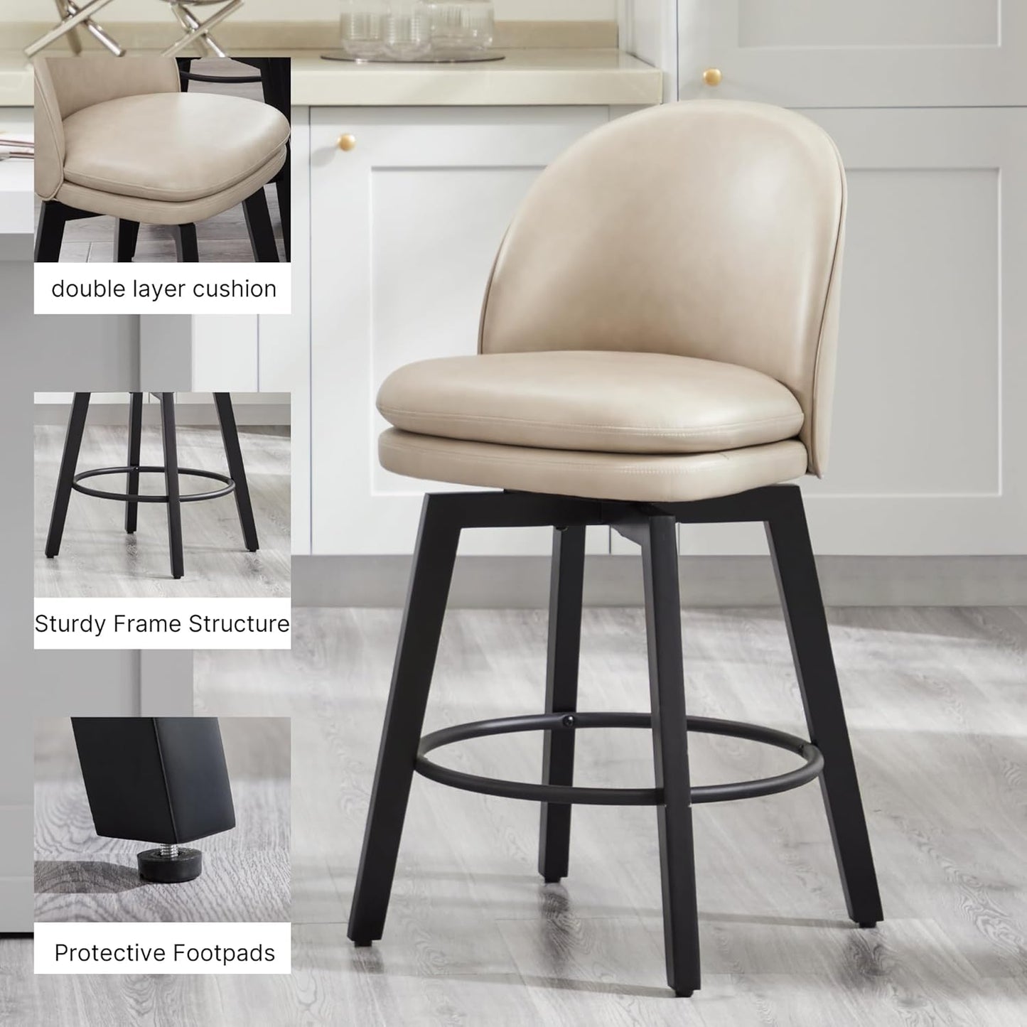 Counter Height Barstools 26 inch Upholstered Swivel Bar Stools with Back and Wood Legs for Kitchen Island,Set of 4,Beige PU Leather-Armless