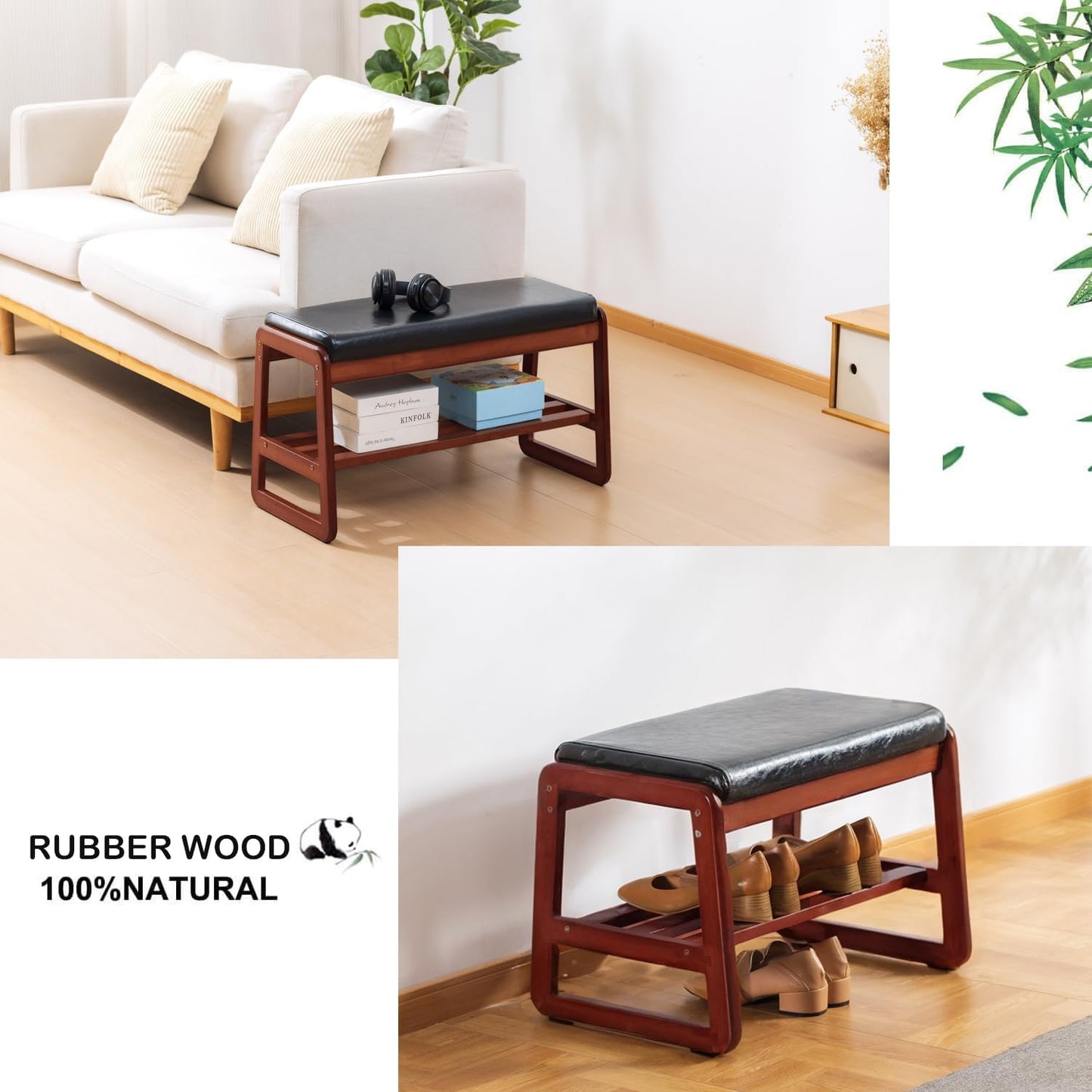 latifolia Solid Wood Bench, Entryway Shoe Bench with Cushion, 2 Tier Shoe Storage Organizer for Hallway, Living Room(Black,21.65''L)