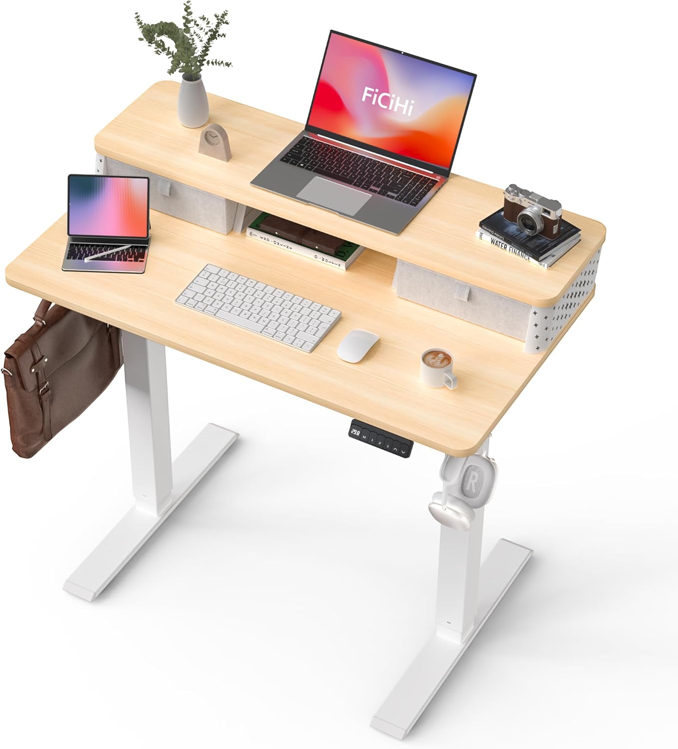 35x20 Inch Standing Desk with Double Drawers, C-Clamp Mount Compatible, Electric Adjustable Height Computer Stand Up Desks, Home Office Sit Stand Table with 3 Preset Heights & 2 Hooks, Natural