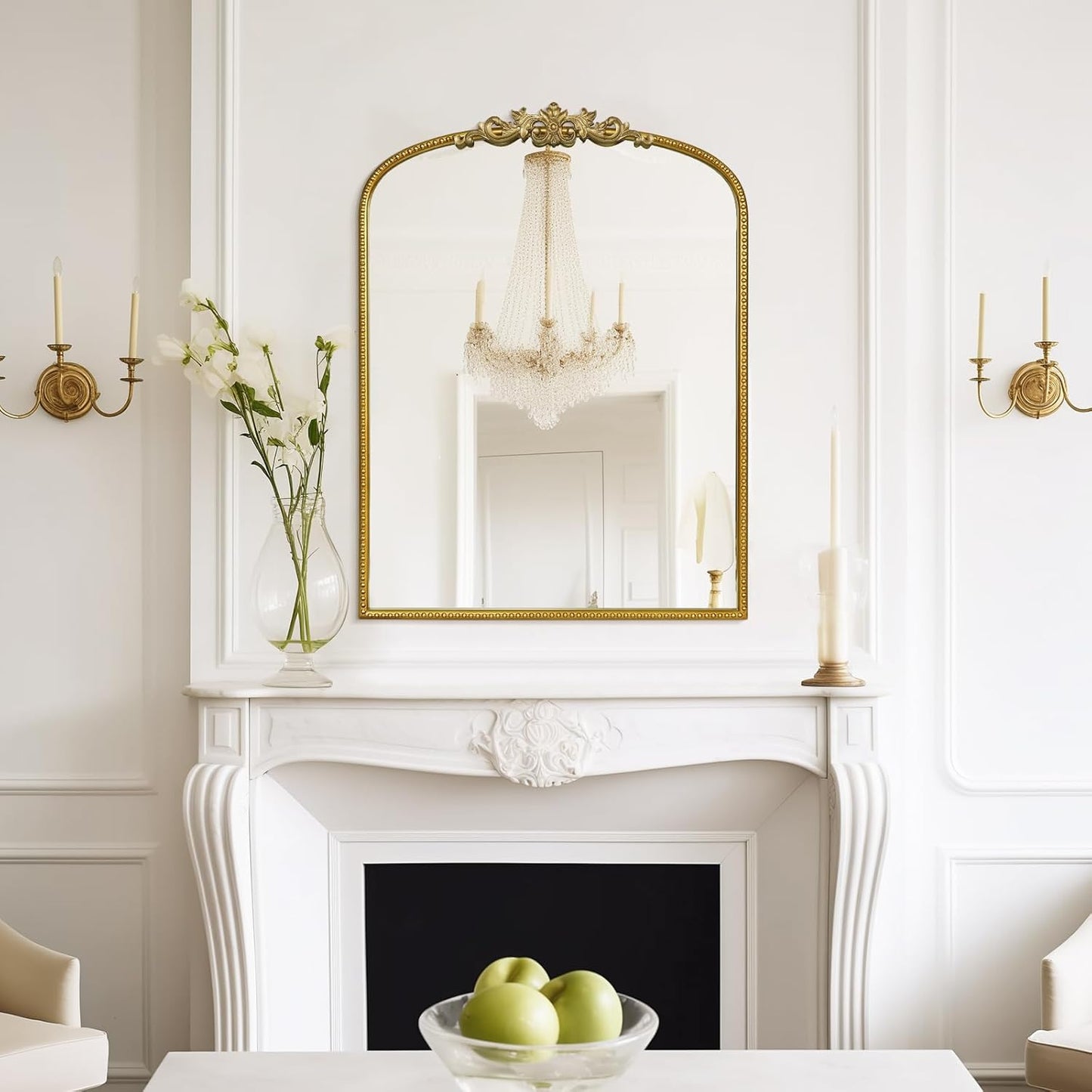 WallBeyond Gold Vintage Mirror - 24x32 Inch, Arched Antique Mirror with Ornate Frame for Bathroom, Living Room, Fireplace, Entryway