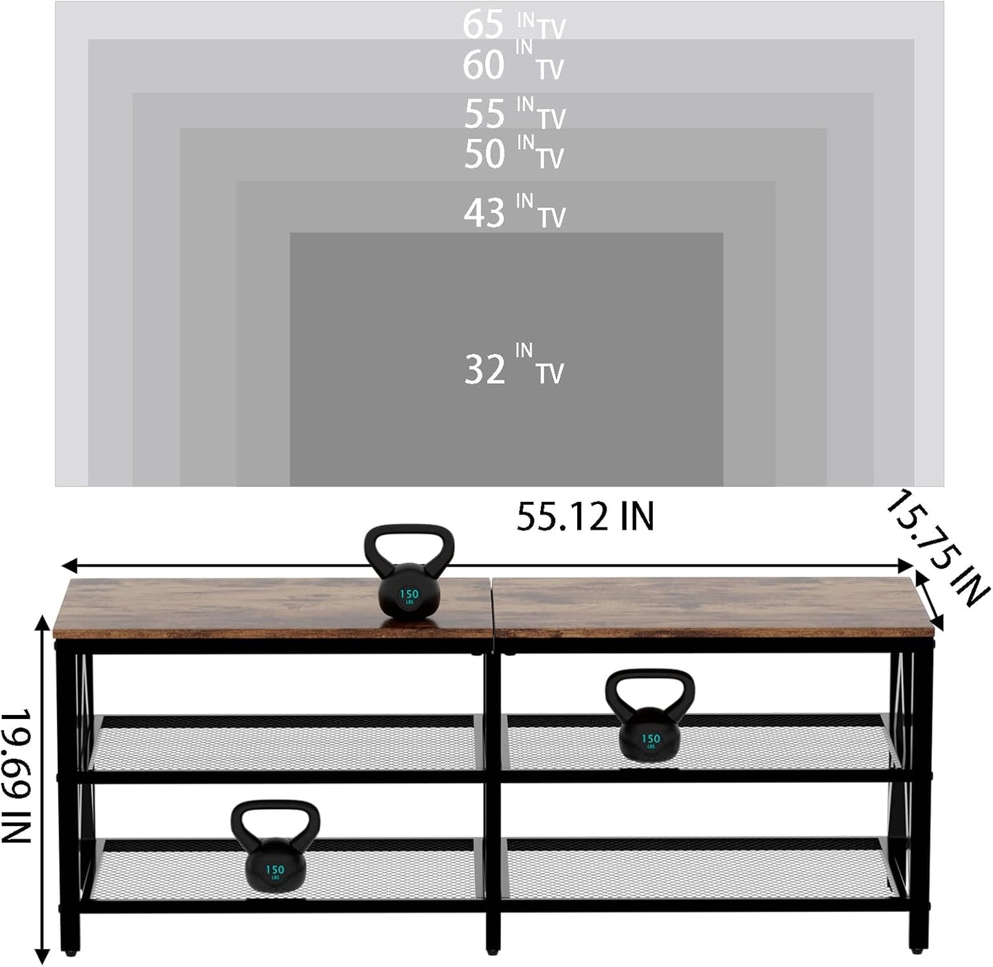 TV Stand for TVs up to 65 Inch, 55" Long Industrial TV Console Table with 3-Tier Storage Shelves, Entertainment Center for Living Room, Bedroom (Rustic Brown)