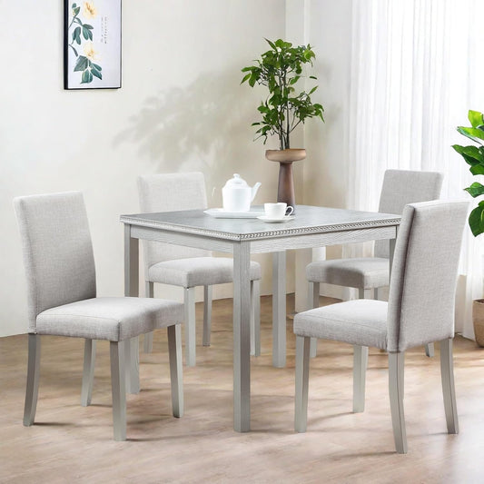 Dining Table Set for 4, 5-Piece Dining Room Table Set with Square Crystal Decoration Table & 4 Upholstered Backrest Chairs, Counter Height Kitchen Sets with Faux Wood Grain Design, Silver Gray