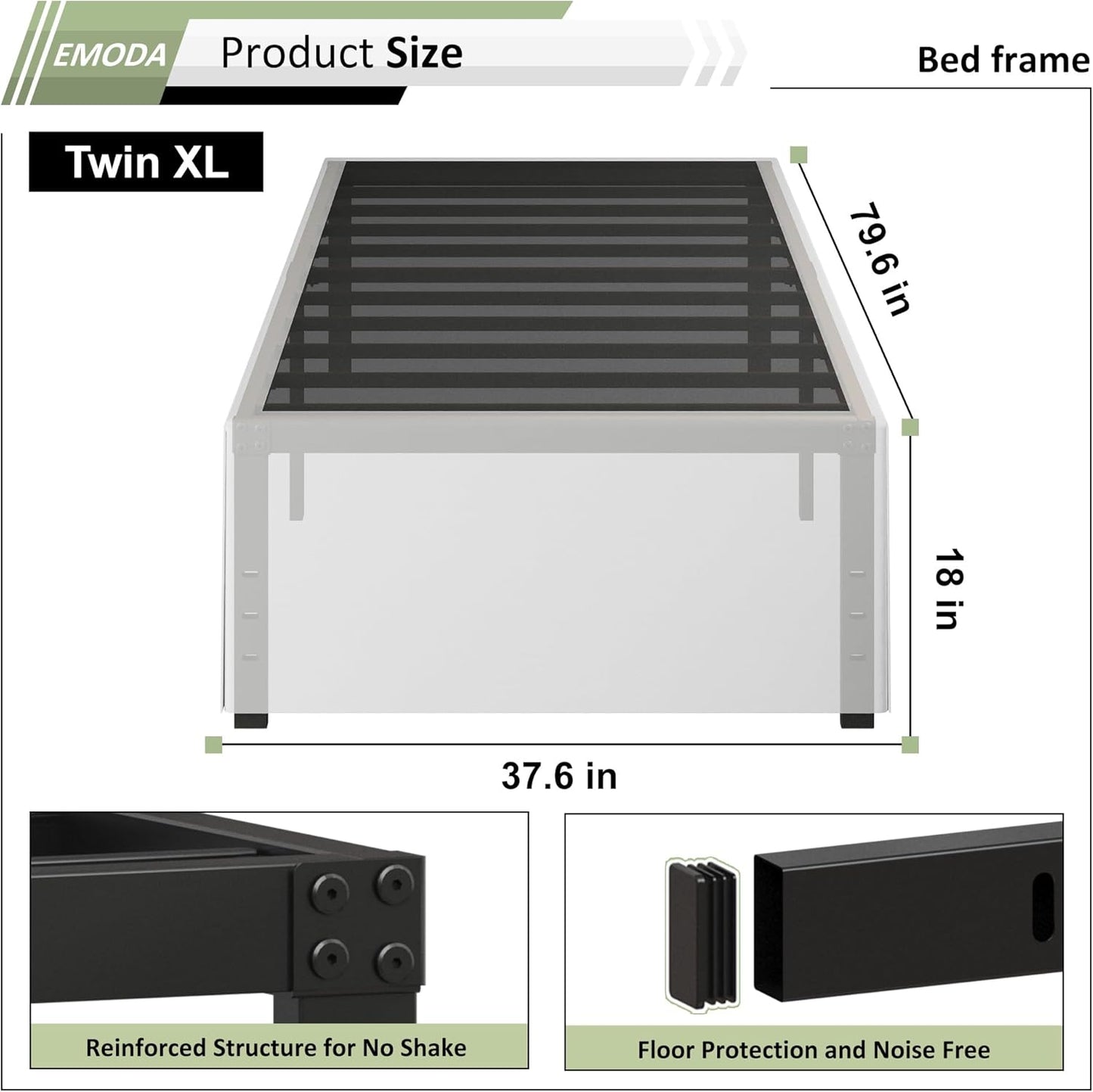EMODA 18 Inch Twin XL Bed Frames with White Cover, Heavy Duty XL Twin Metal Platform Bed Frame No Box Spring Needed, Noise Free, Easy Assembly